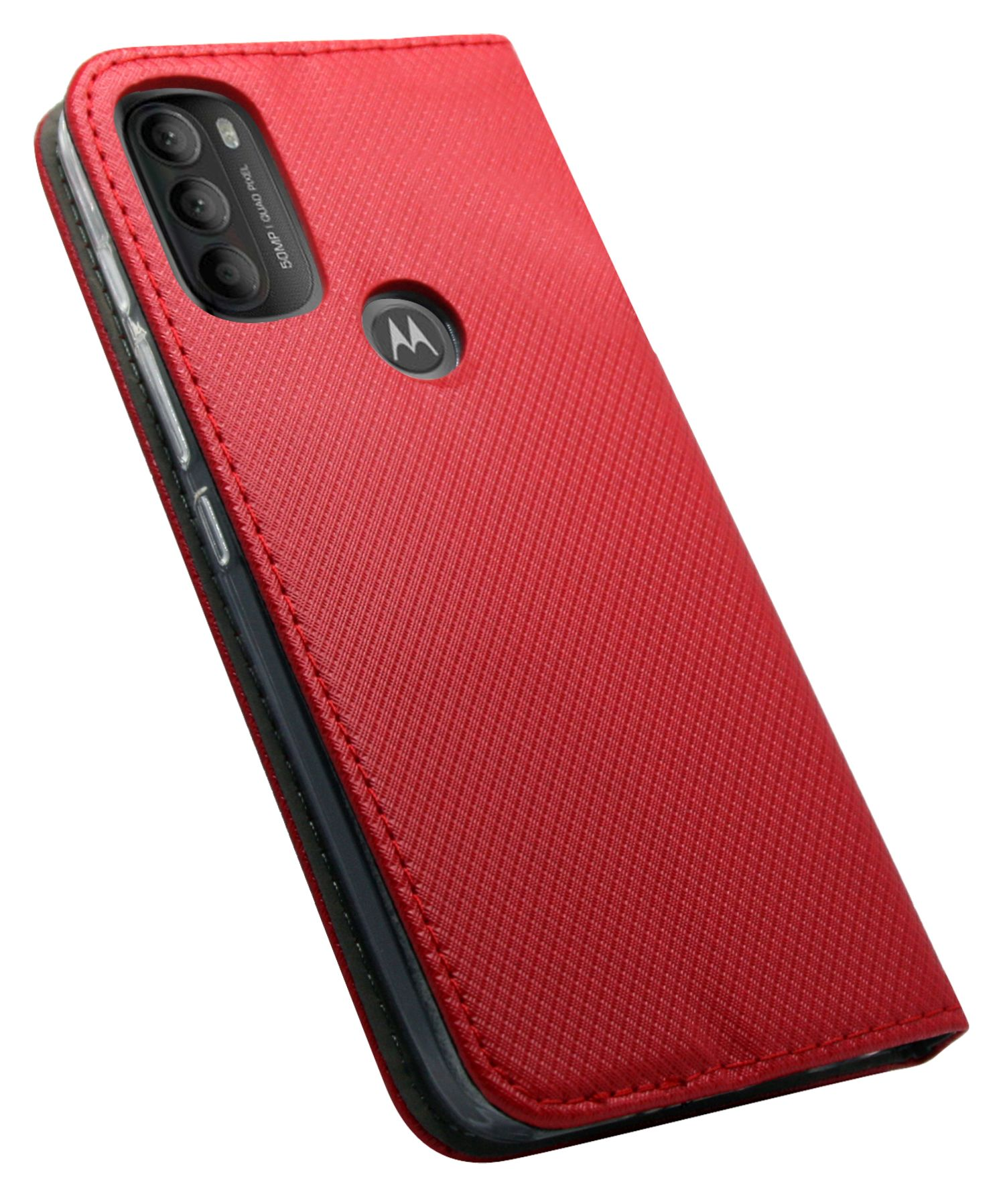Una custodia per telefono rossa con superficie strutturata e logo Motorola, leggermente inclinata.