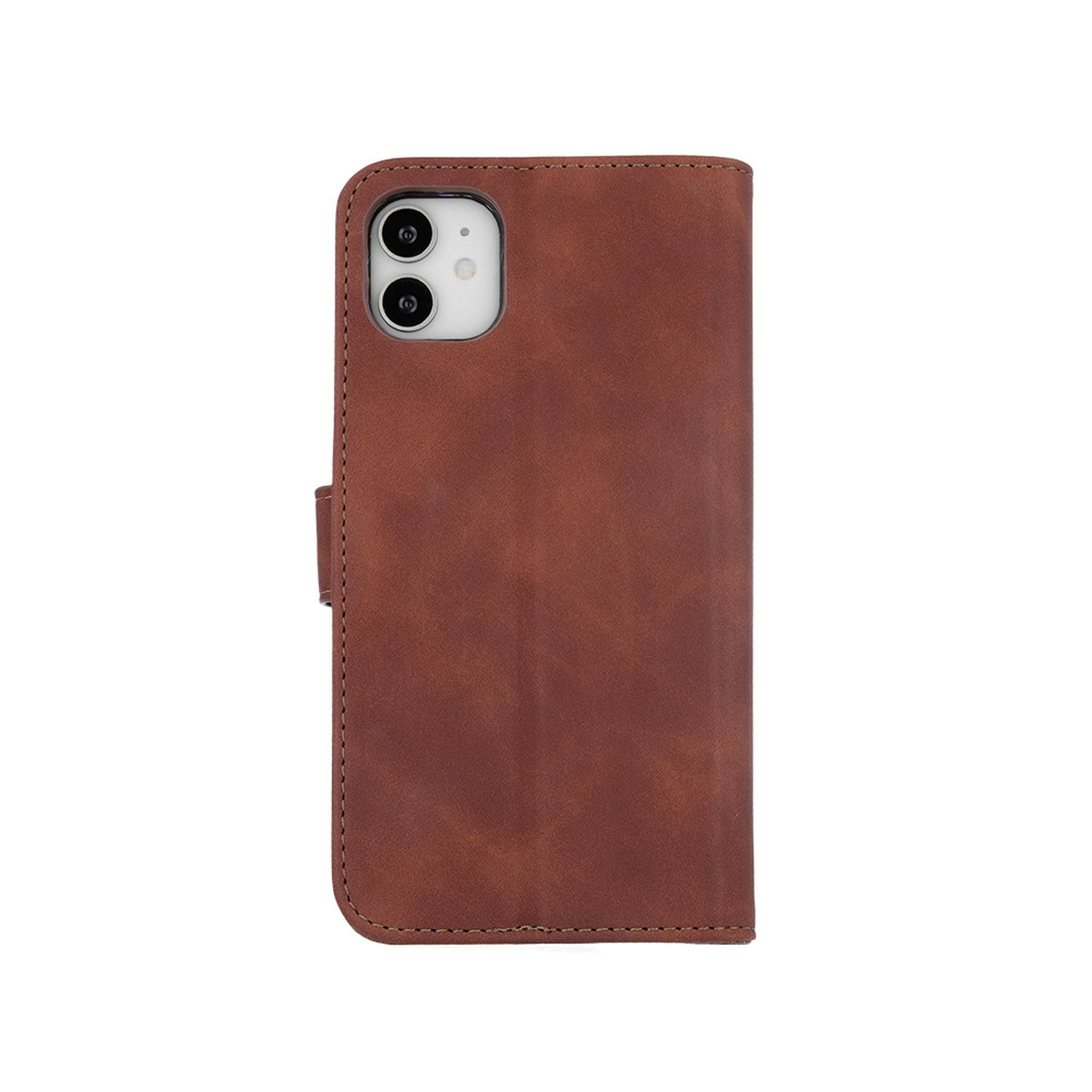 Una custodia per telefono in pelle marrone con telefono visibile e chiusura magnetica.