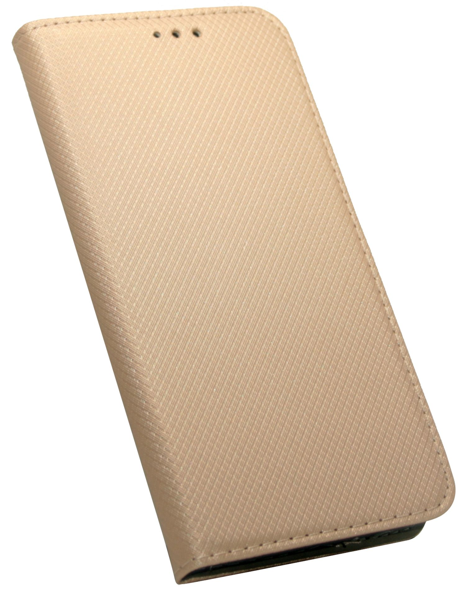 Custodia beige per telefono. Texture a linee diagonali. Tre fori in alto.