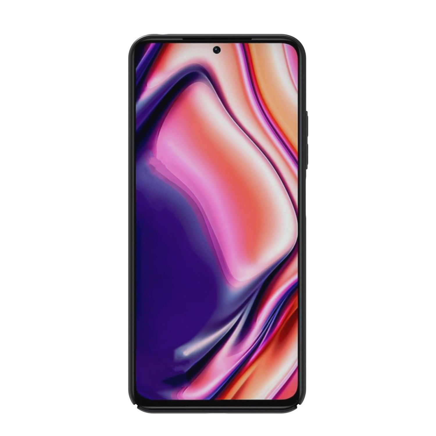 Schwarzes Smartphone mit abstraktem, farbenfrohem Hintergrund. Schwarzer Rahmen.