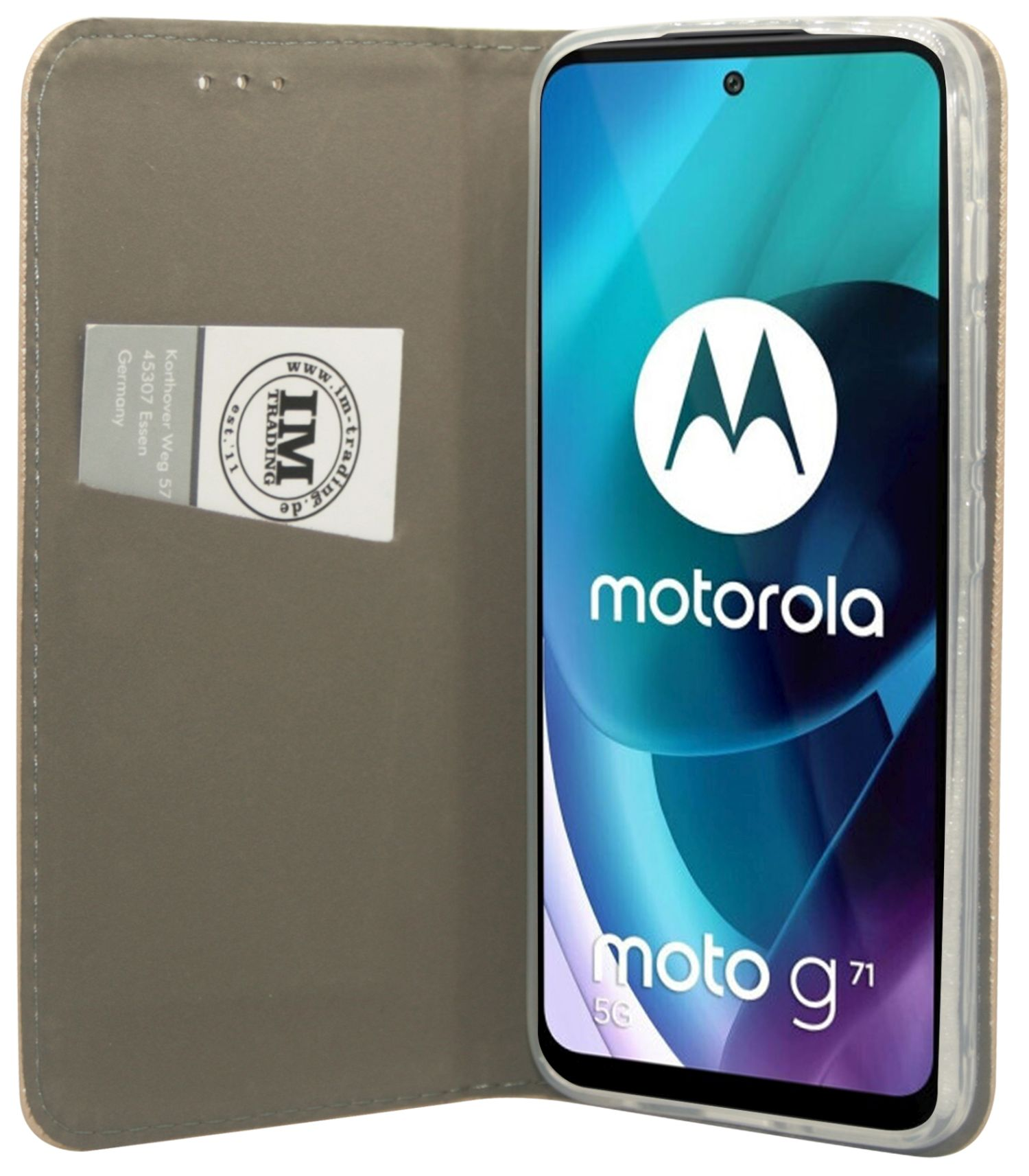 Un telefono in una custodia, con logo Motorola e modello Moto g71 5G sullo schermo.