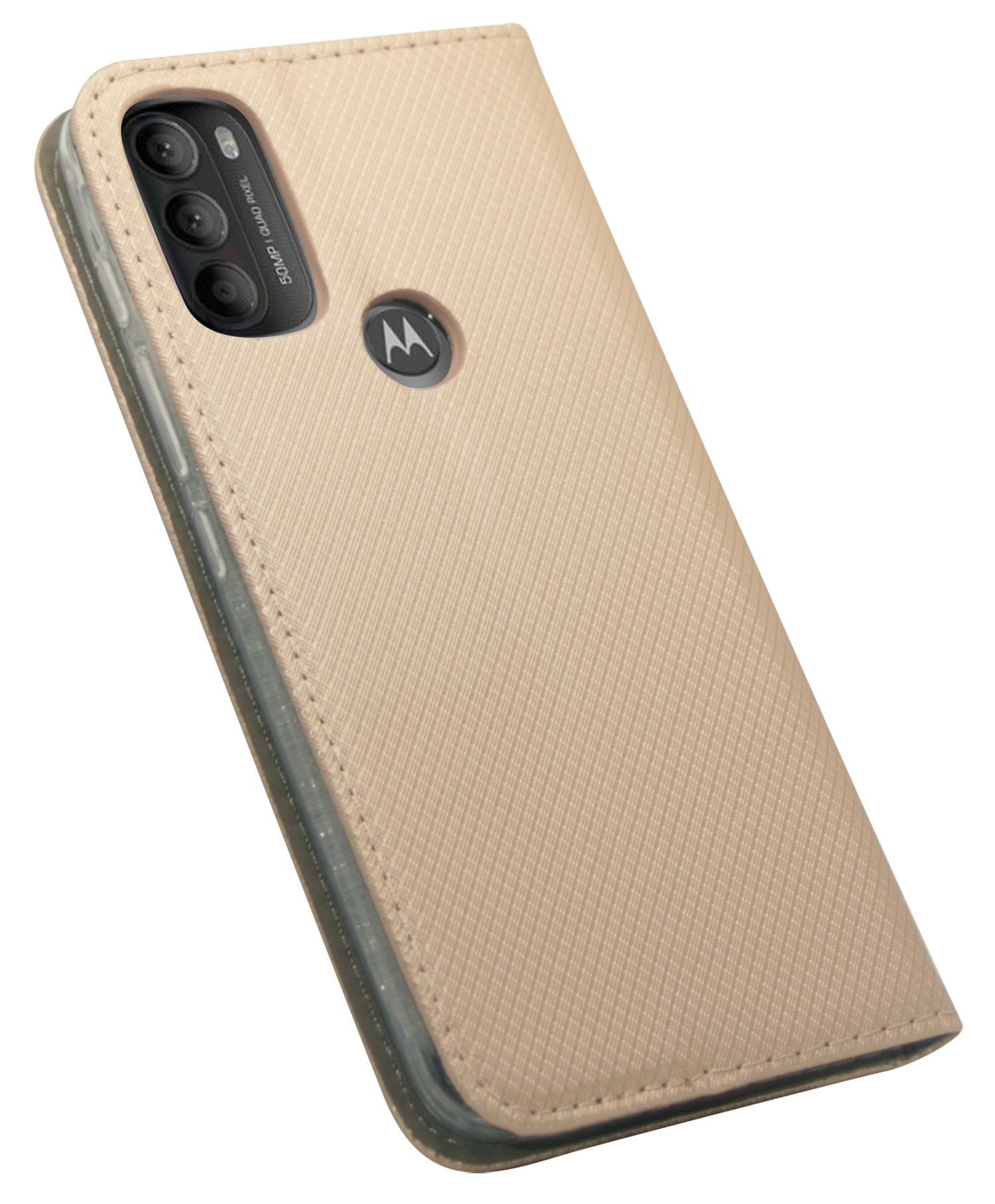 Una custodia beige per telefono con motivo testurizzato, fotocamera e logo metallico.