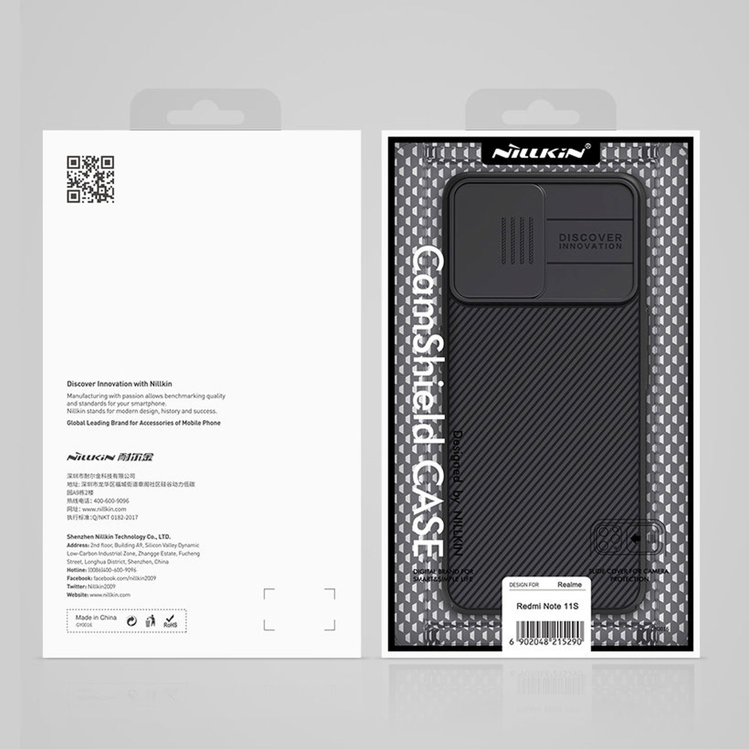 Verpackung einer schwarzen Handyhülle. Die Hülle ist für ein Realme-Telefon. Sie ist schwarz mit CamShield CASE.