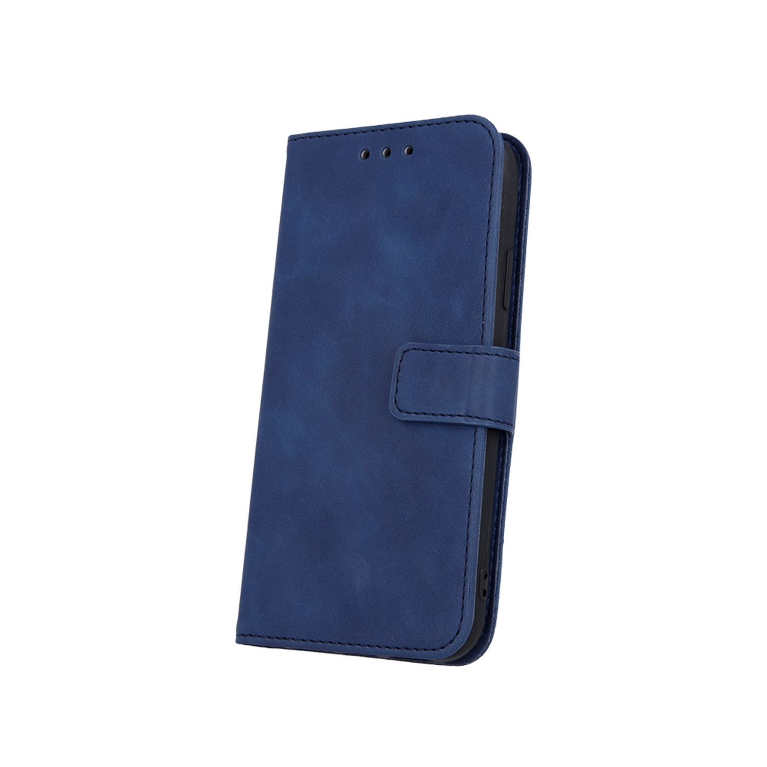 Custodia blu per telefono con chiusura magnetica, chiusa. La custodia ha tre fori in alto e un bordo cucito.