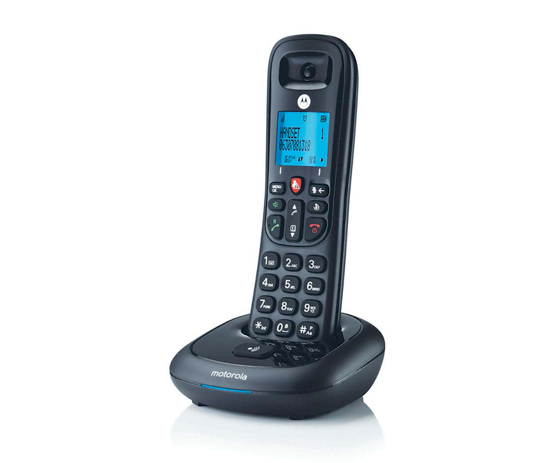 Ein schwarzes schnurloses Motorola-Telefon auf seiner Basis. Der Telefonbildschirm ist blau und zeigt Text an.