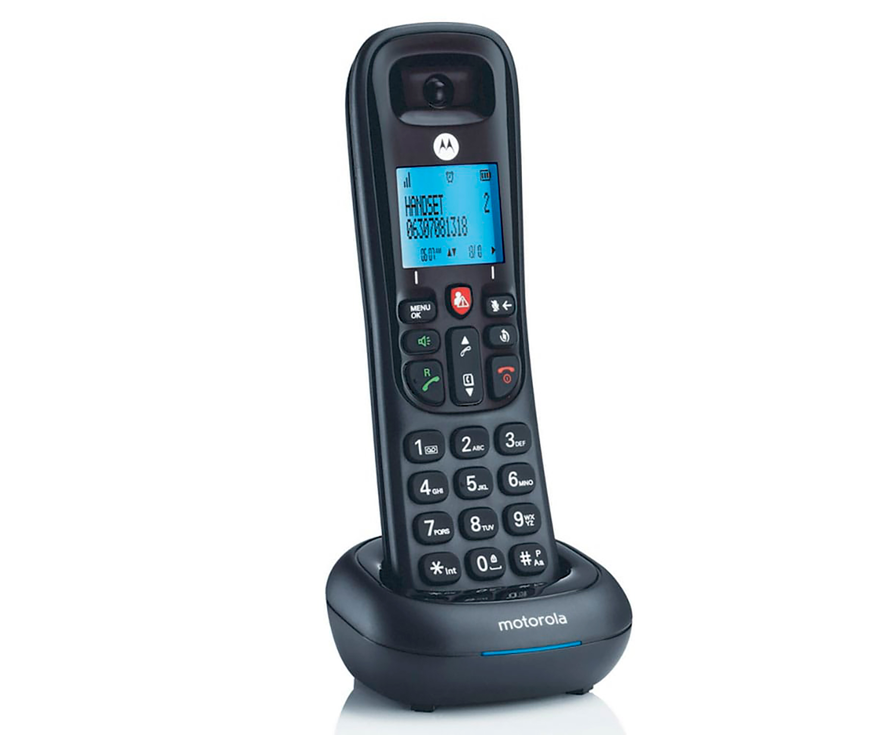 Schnurloses Telefon und Basisstation von Motorola auf weißem Hintergrund.