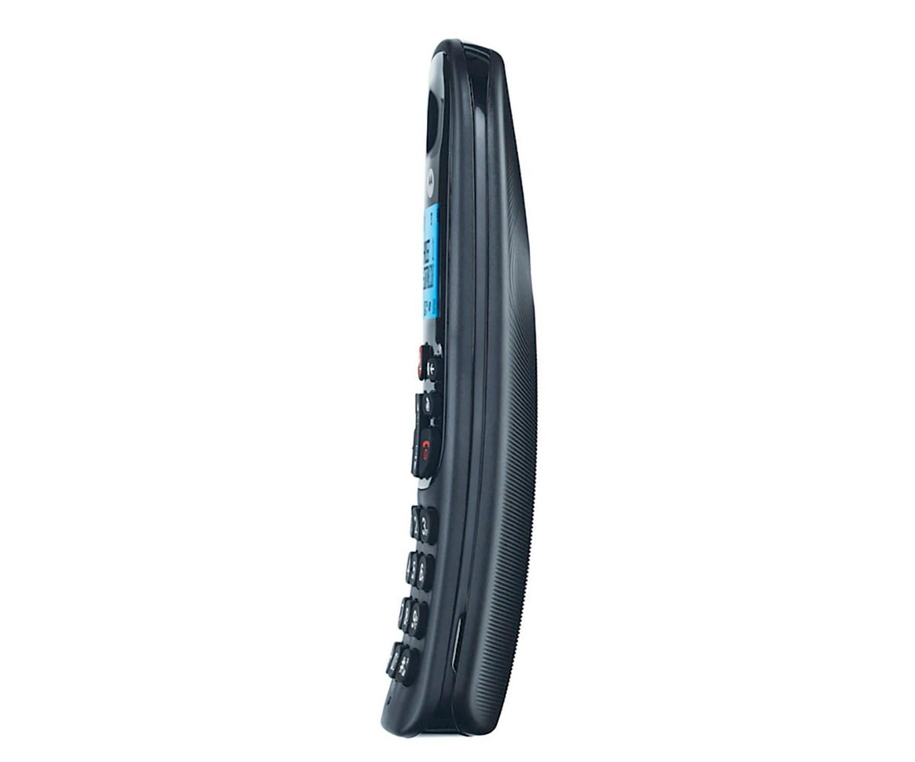 Schwarzes Festnetztelefon, Seitenansicht, mit Zahlen und Bildschirm, weißer Hintergrund.