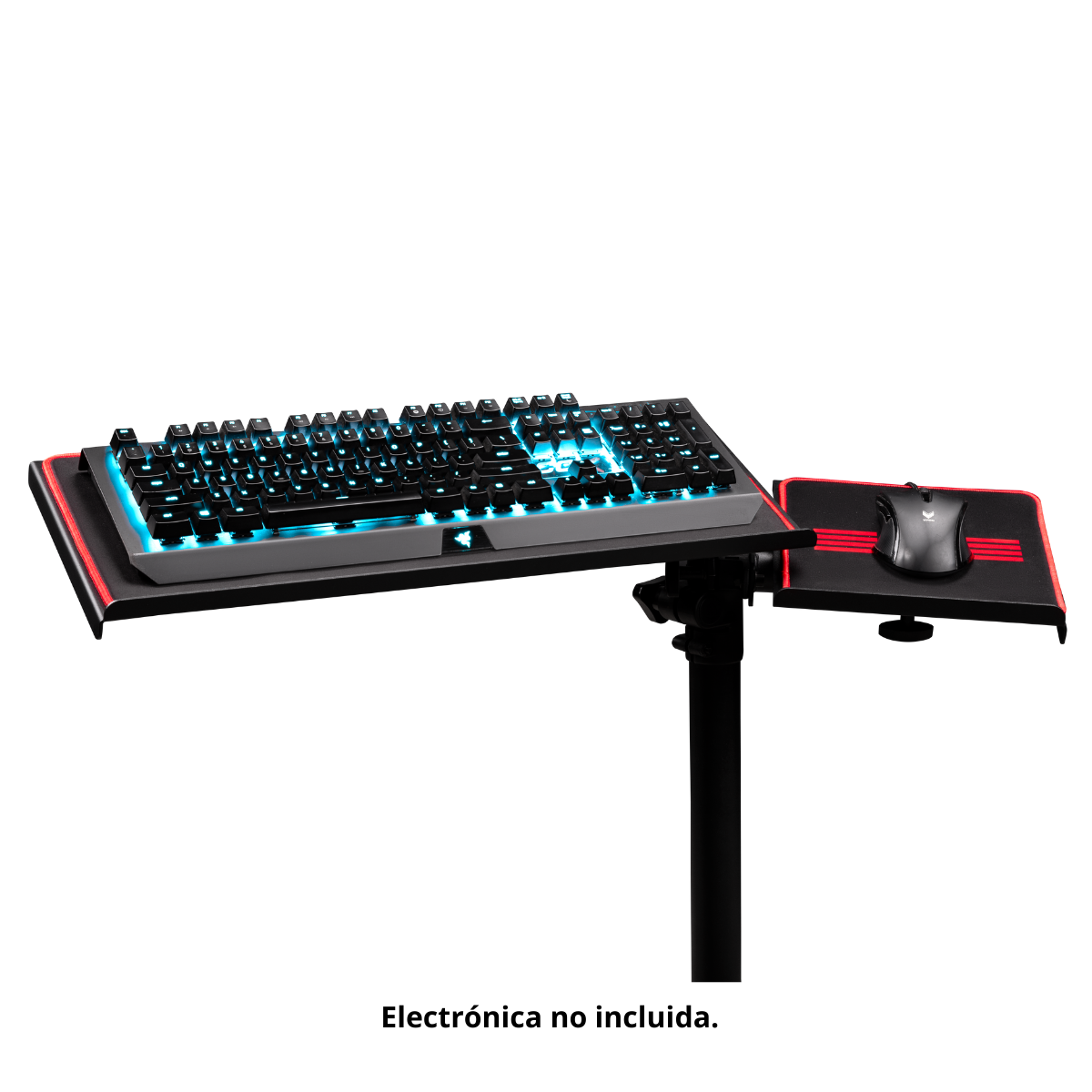 Ein Gaming-Schreibtisch mit schwarzer Tastatur und Maus. Die Tastatur hat blaue Lichter.