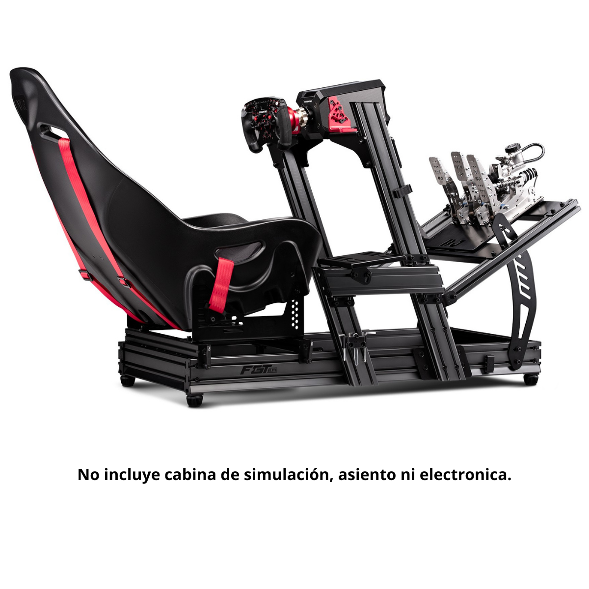 Cabina de simulador de carreras negra con asiento, pedales y volante.
