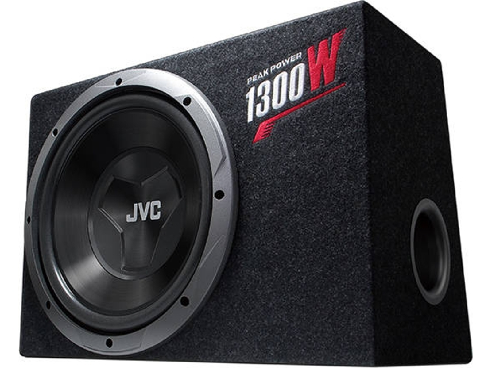 Schwarzer JVC-Subwoofer in einem rechteckigen Gehäuse. Die Front hat einen kreisförmigen Lautsprecher.