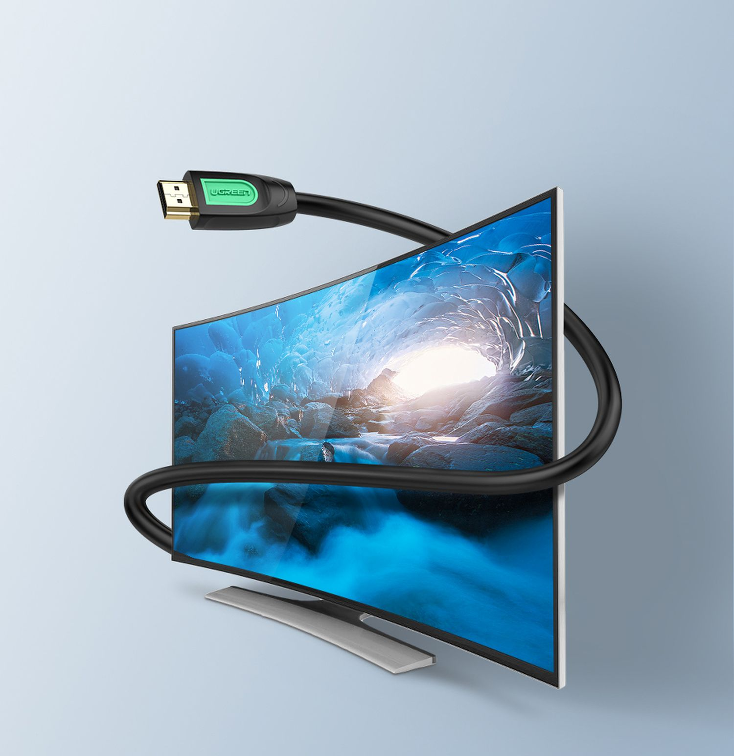 Gebogener Fernseher mit einem schwarzen HDMI-Kabel, das sich darum wickelt. Grünes UGREEN-Logo.