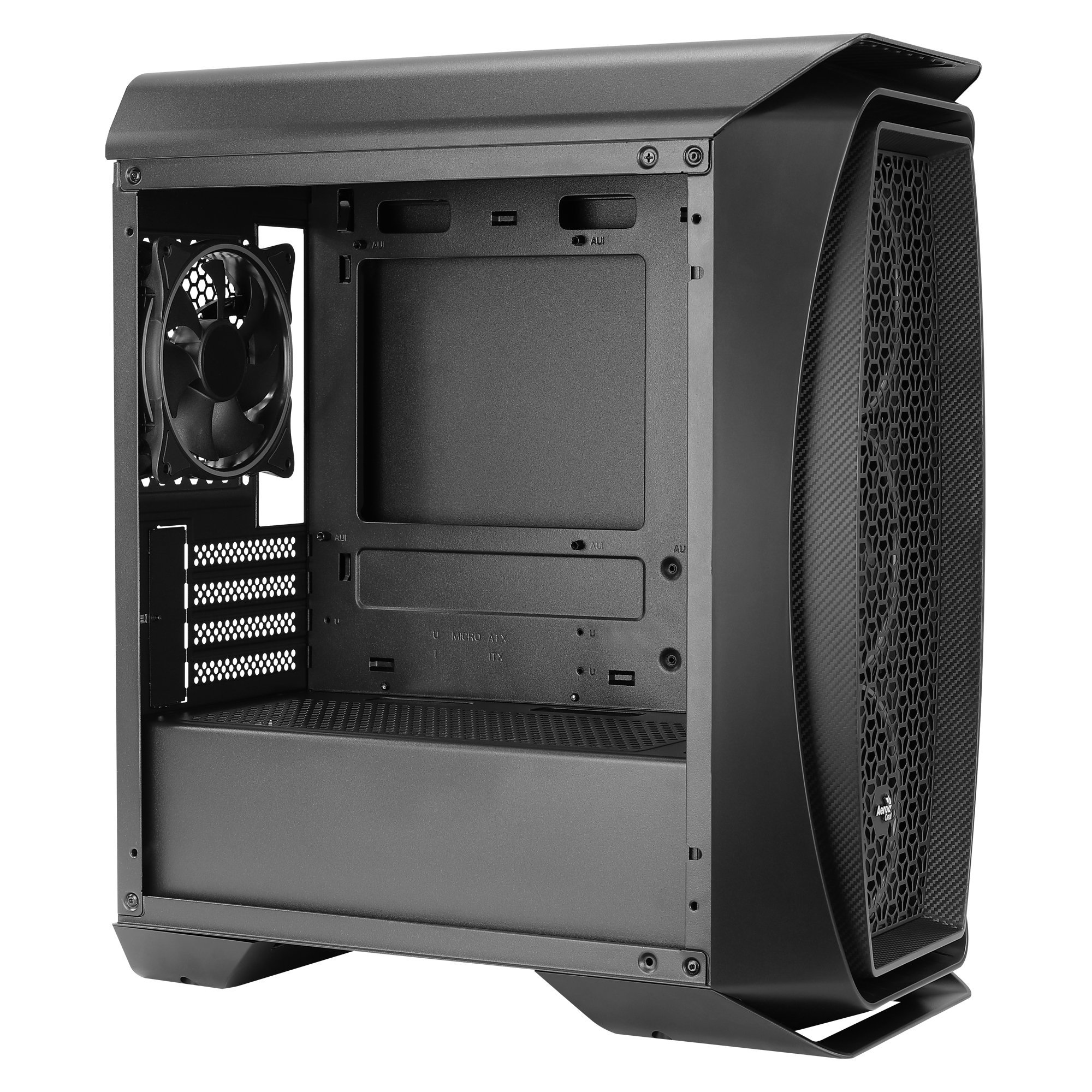 Un case per computer nero con un lato aperto che mostra i componenti interni, tra cui una ventola.