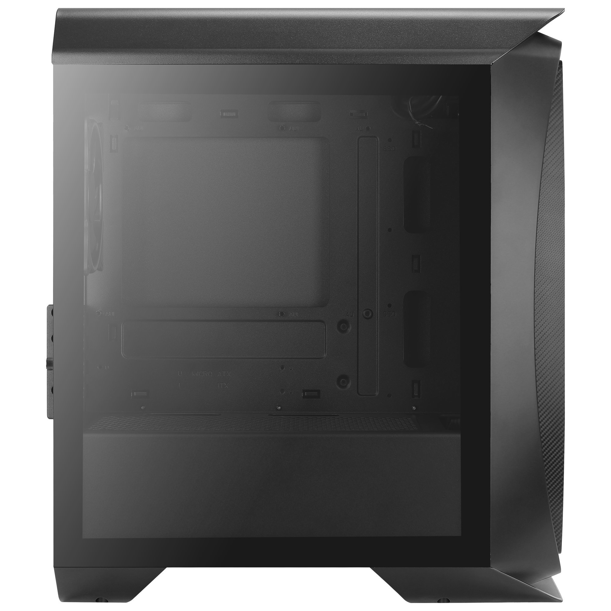 Case per computer nero con pannello laterale in vetro. Il case ha una ventola e componenti all'interno.