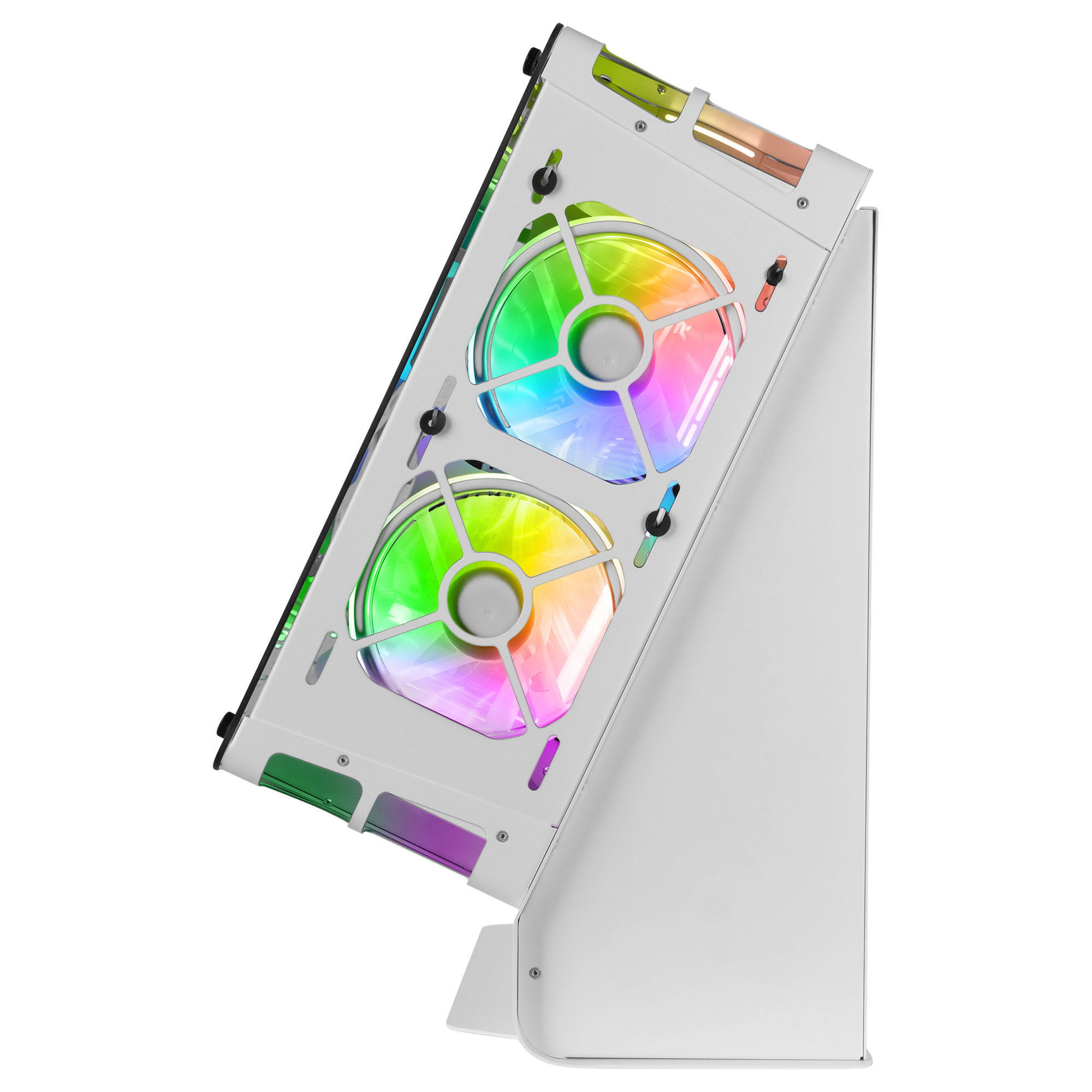 Case per computer con due ventole con luci arcobaleno. Il case è bianco.