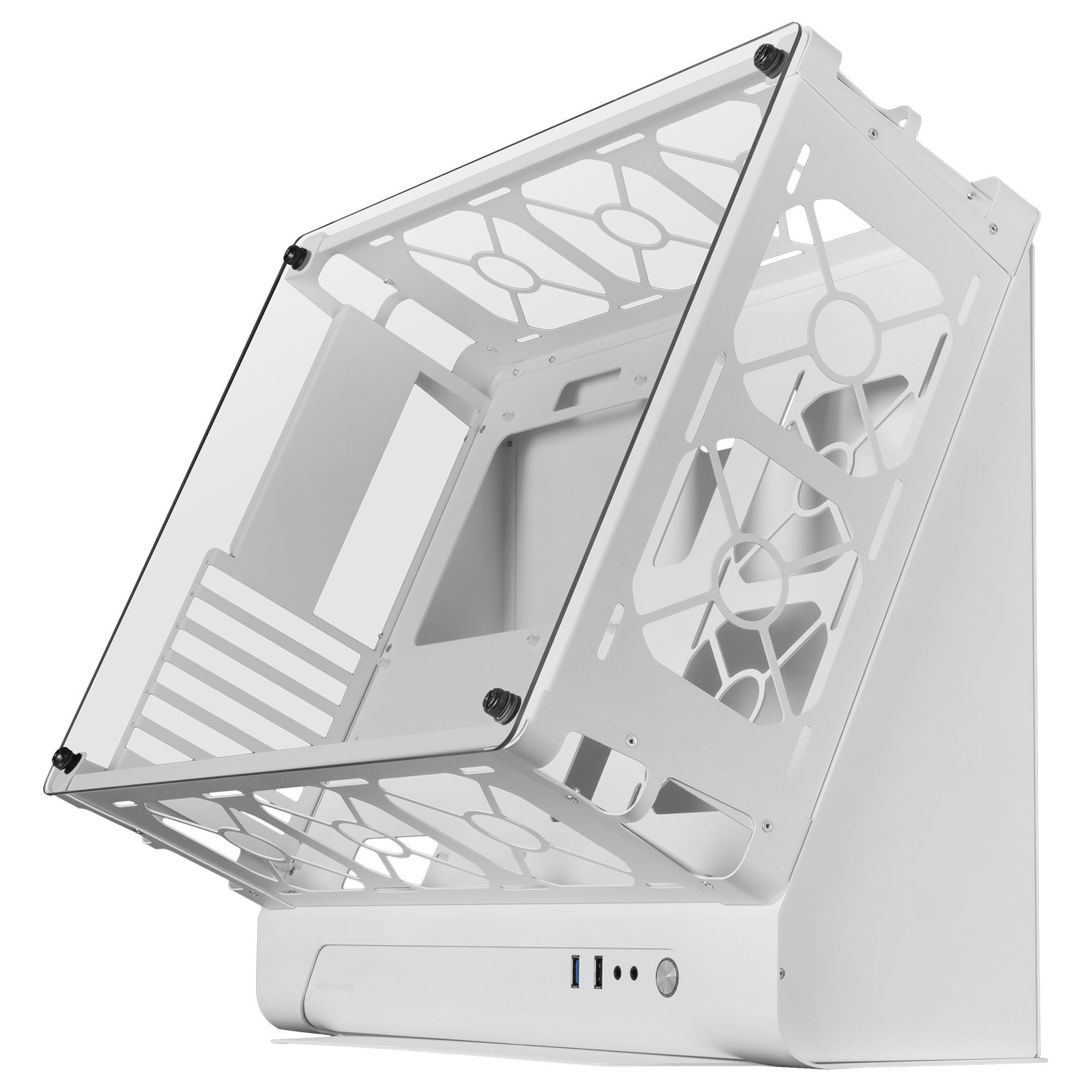 Case per computer bianco con pannello in vetro aperto. Ha una struttura bianca e aperta. Le viti nere fissano il vetro.