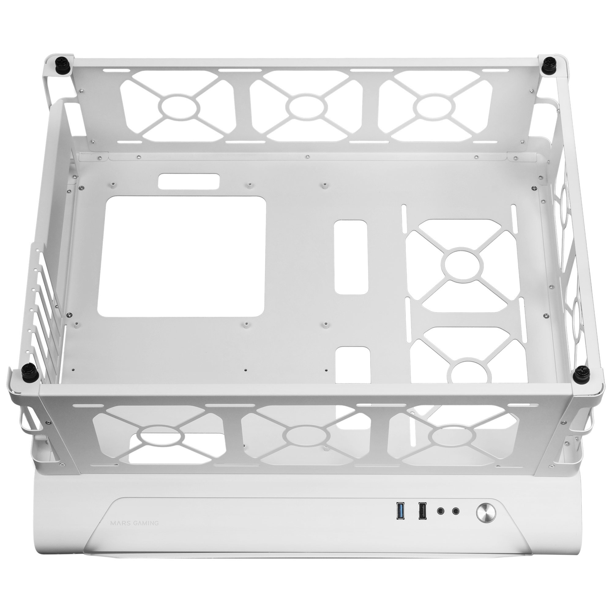 Un telaio di un case di computer bianco con prese d'aria, ritagli e porte, da una prospettiva dall'alto.