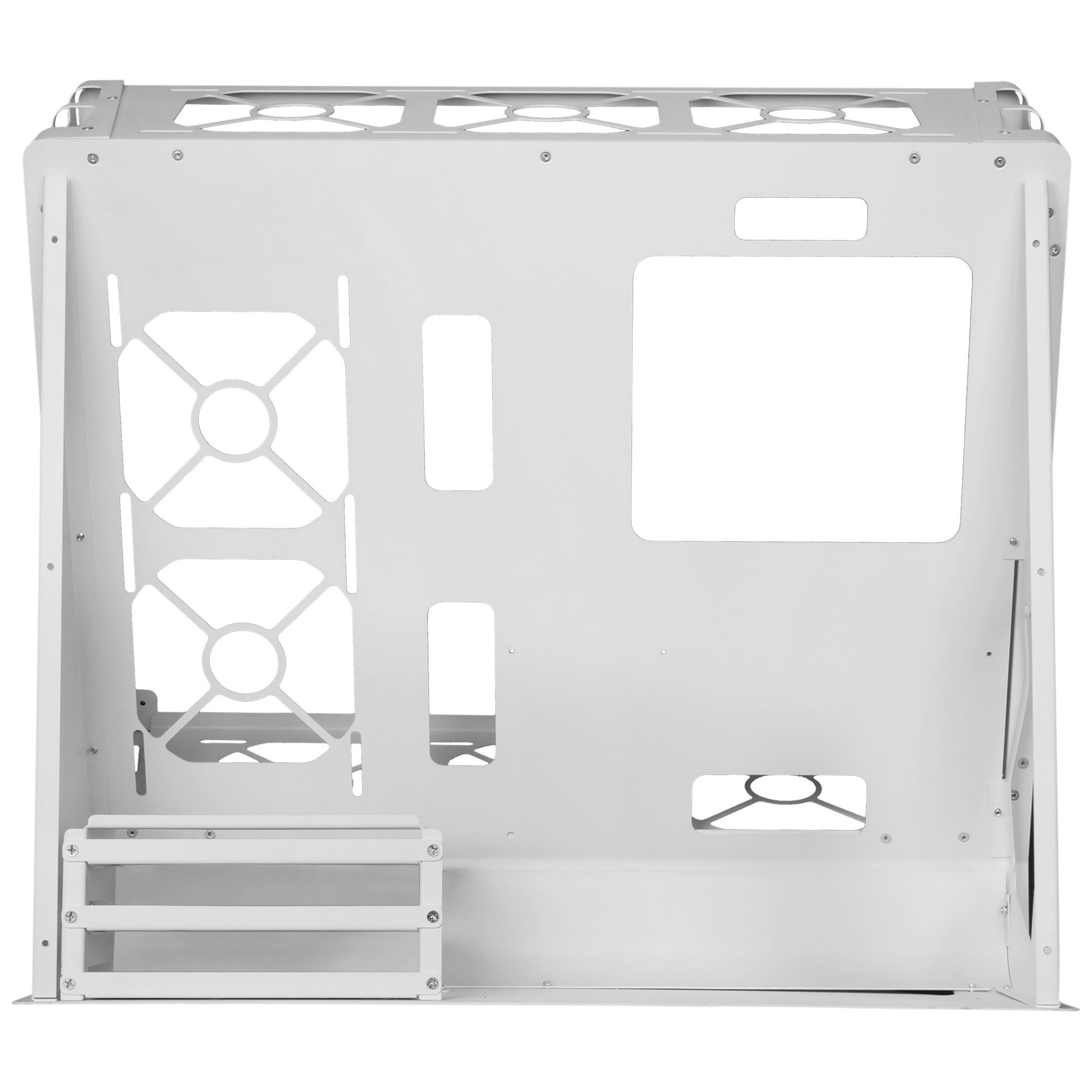 Case per computer bianco con aperture per componenti, visto dall'interno, vuoto.