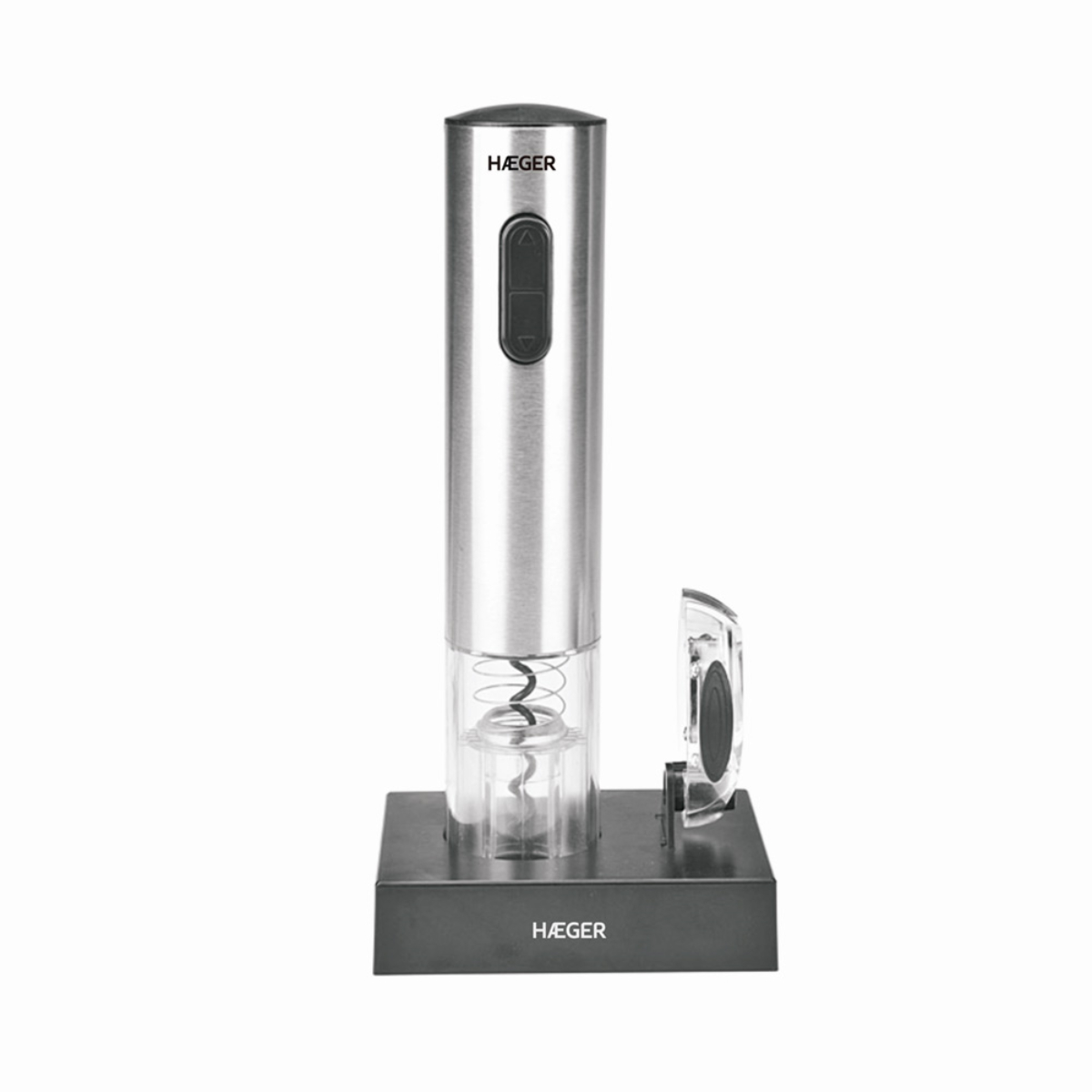 Un abridor de vino eléctrico plateado con base negra y la marca HÄGER.