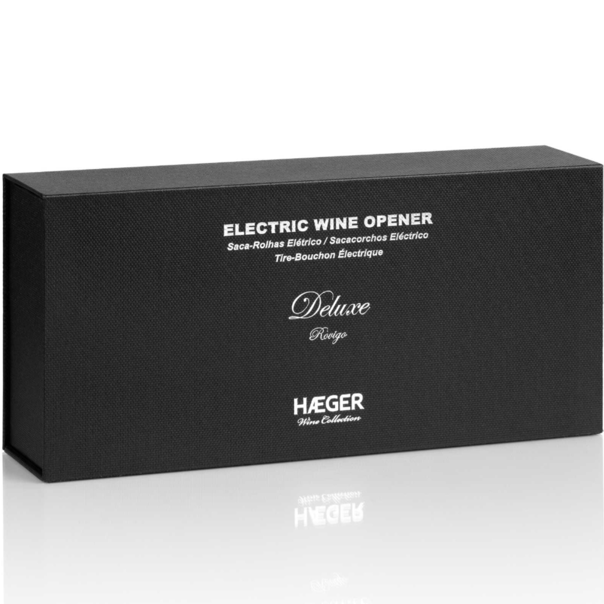 Una caja negra de abridor de vino con texto: ELECTRIC WINE OPENER y otro texto español/francés en una superficie blanca.