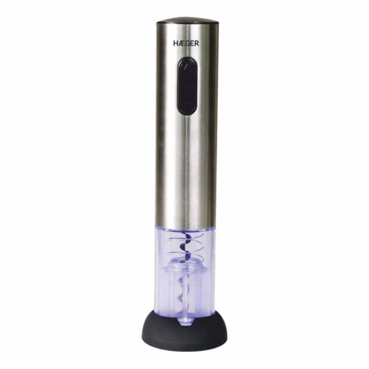 Abridor de vino eléctrico plateado, con base negra y parte transparente.