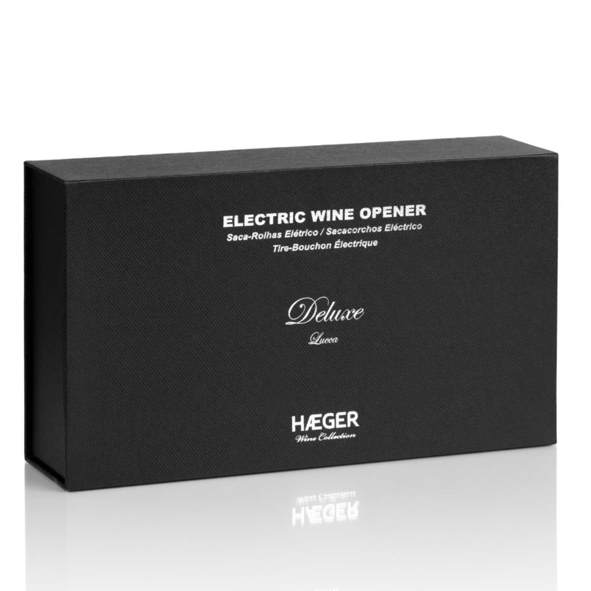Caja negra de abrebotellas eléctrico con texto: Electric Wine Opener.