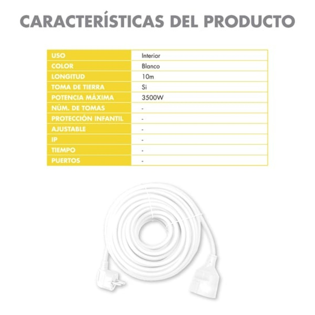 Tabella delle caratteristiche del prodotto. Cavo bianco e spine in basso. Sfondo bianco.