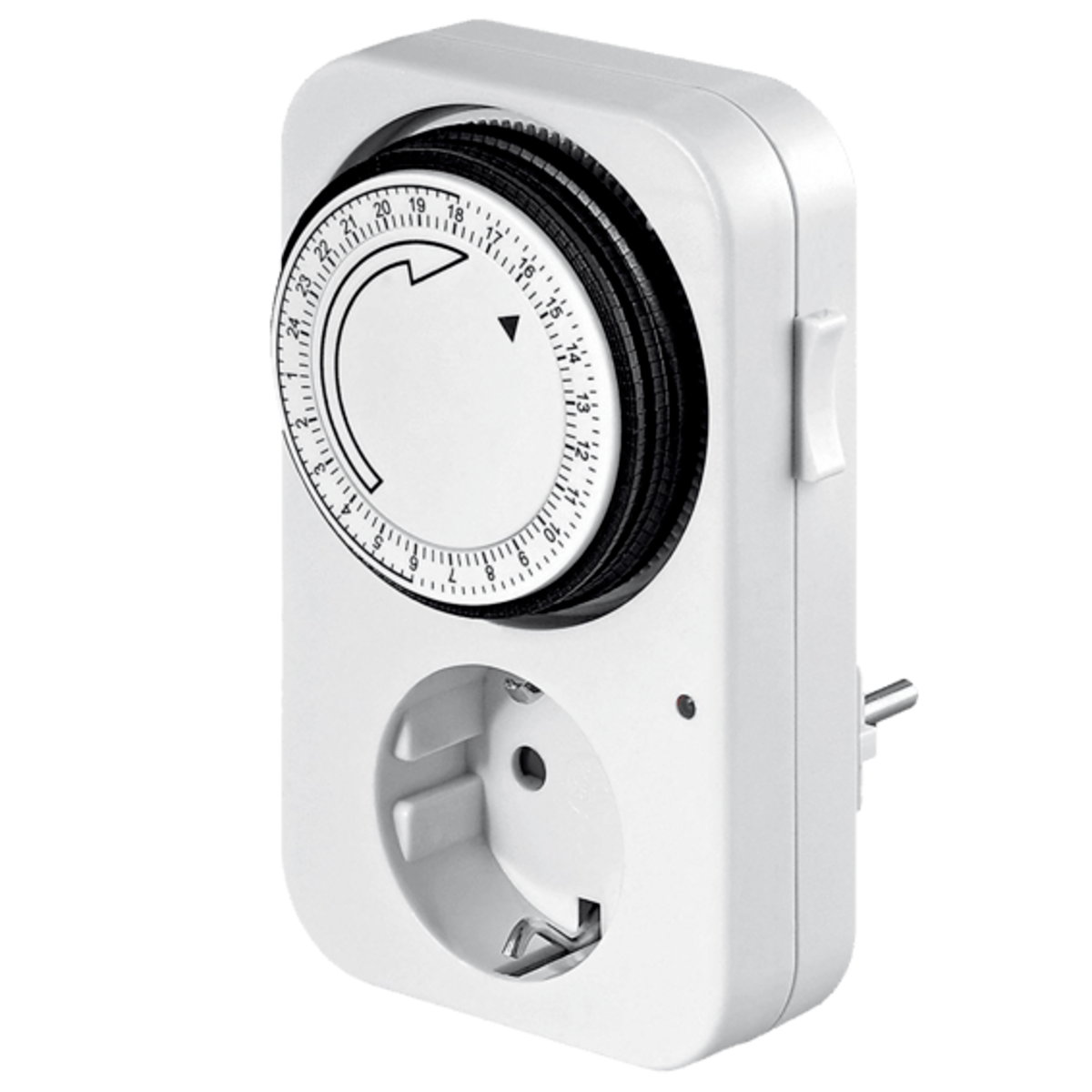 Temporizador blanco con dial giratorio, enchufe y enchufe en el dispositivo.