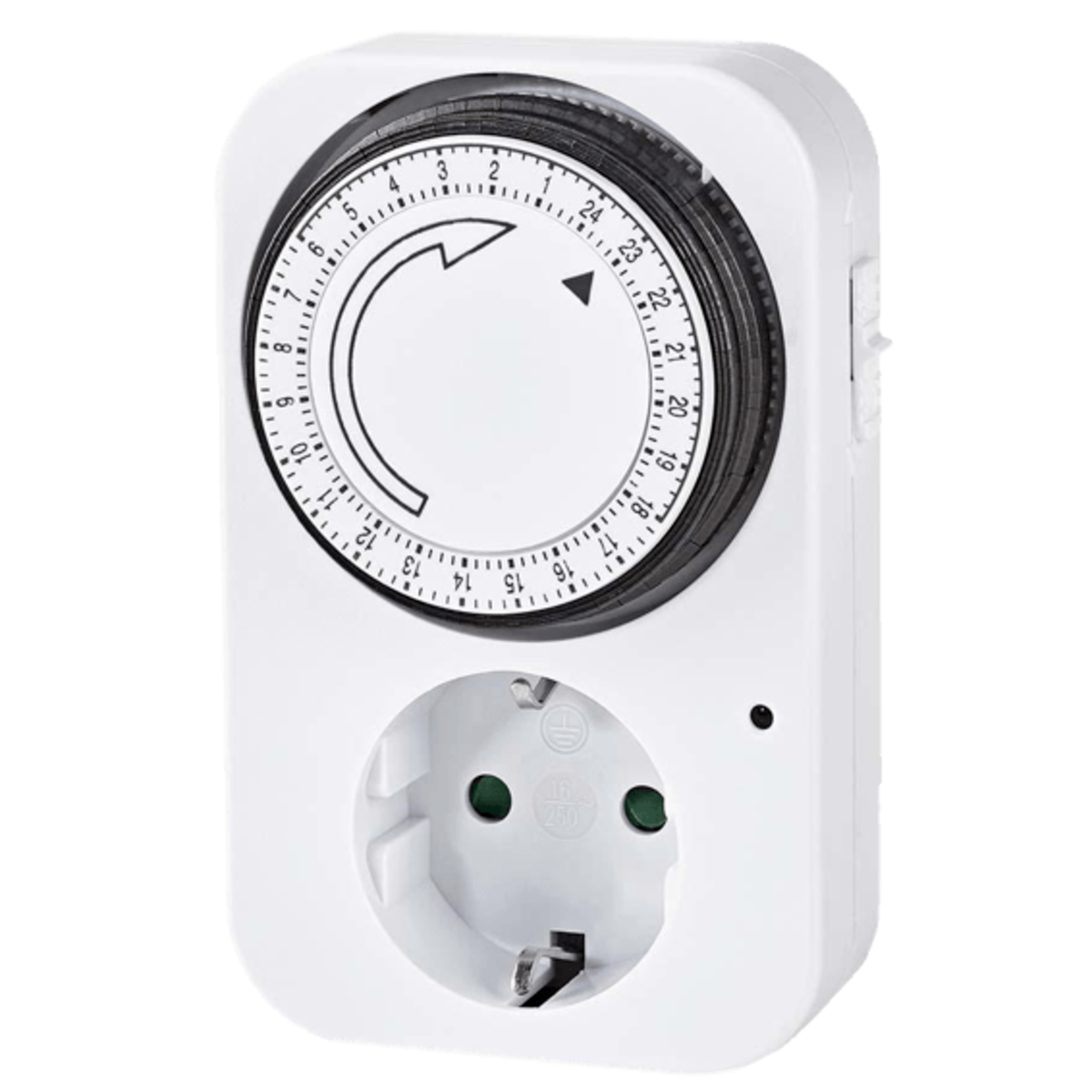 Temporizador blanco con dial y enchufe, una flecha negra indica la hora.