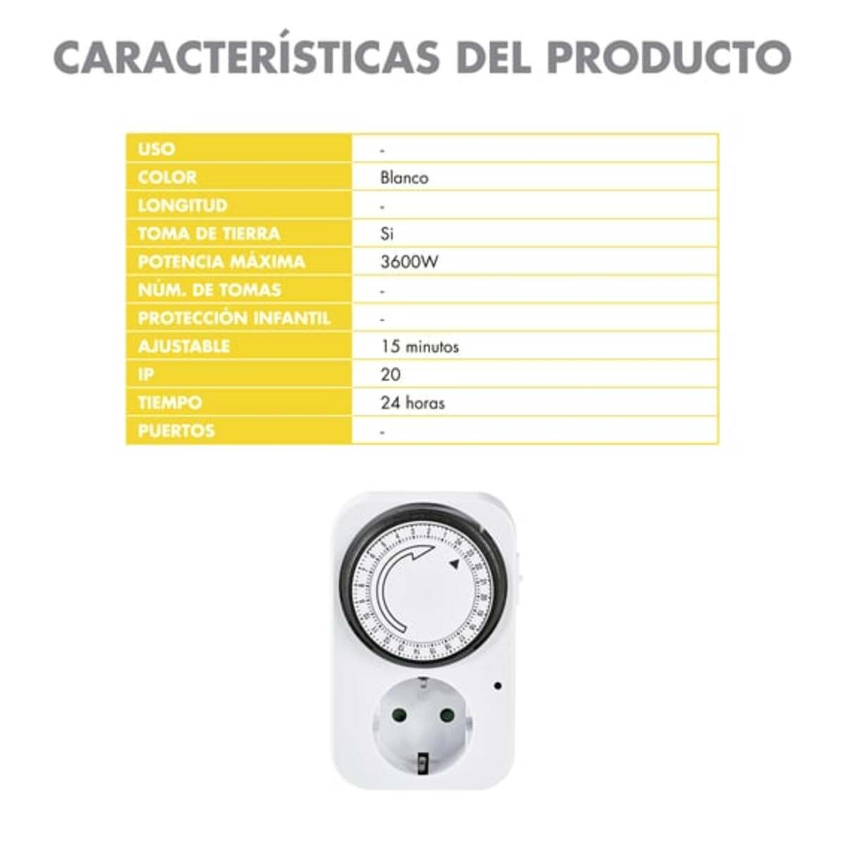 Un temporizador eléctrico blanco con un dial giratorio y un enchufe, con especificaciones del producto.