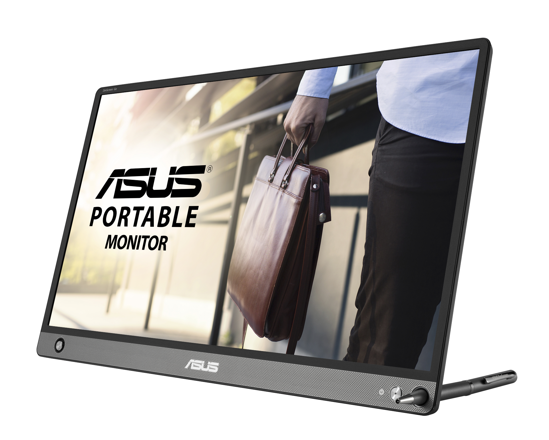 Tragbarer Monitor mit ASUS-Logo und Hand einer Person, die eine Aktentasche hält.