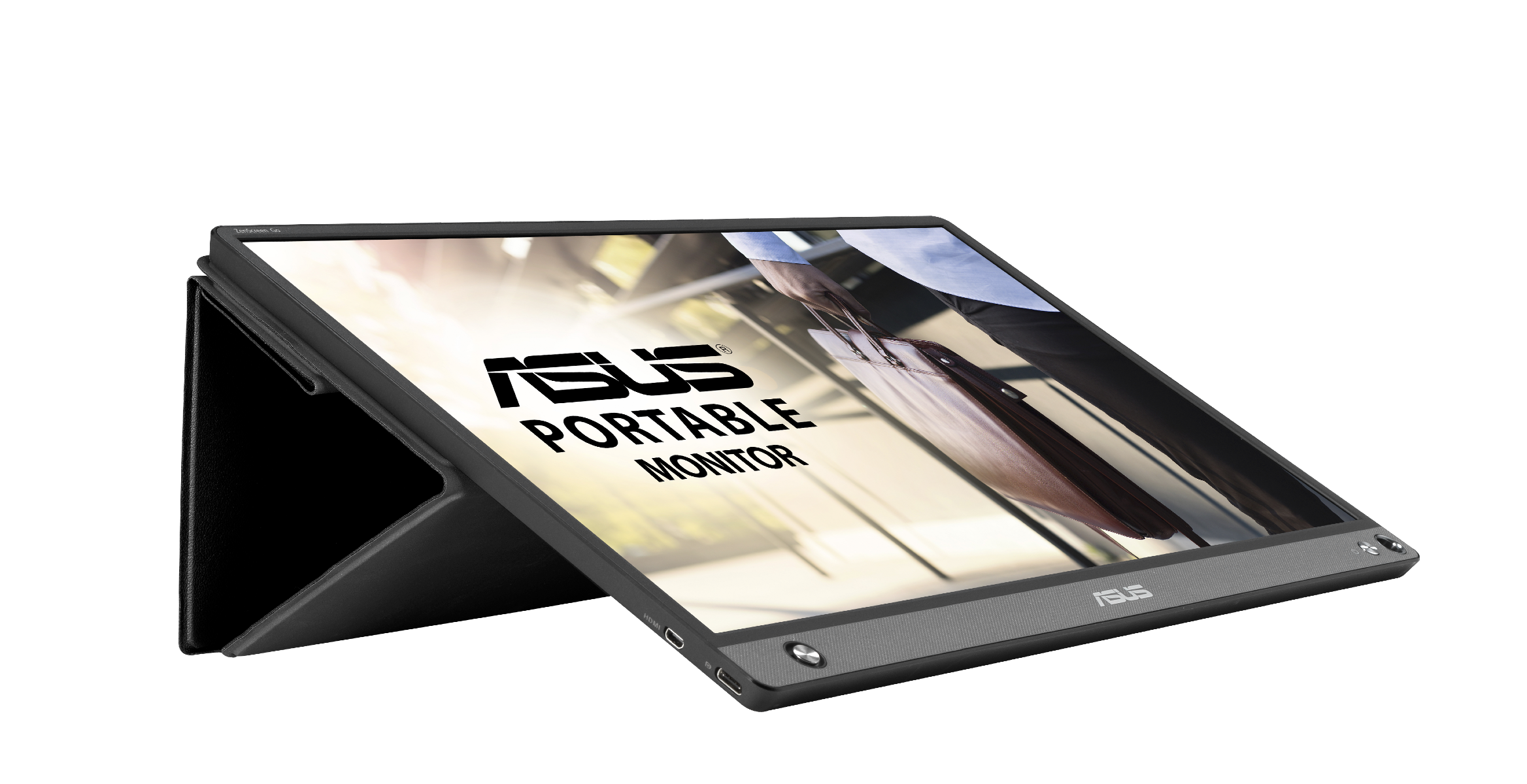 Tragbarer Asus-Monitor, schwarz mit Ständer. Bildschirm zeigt Person. Asus-Logo sichtbar.