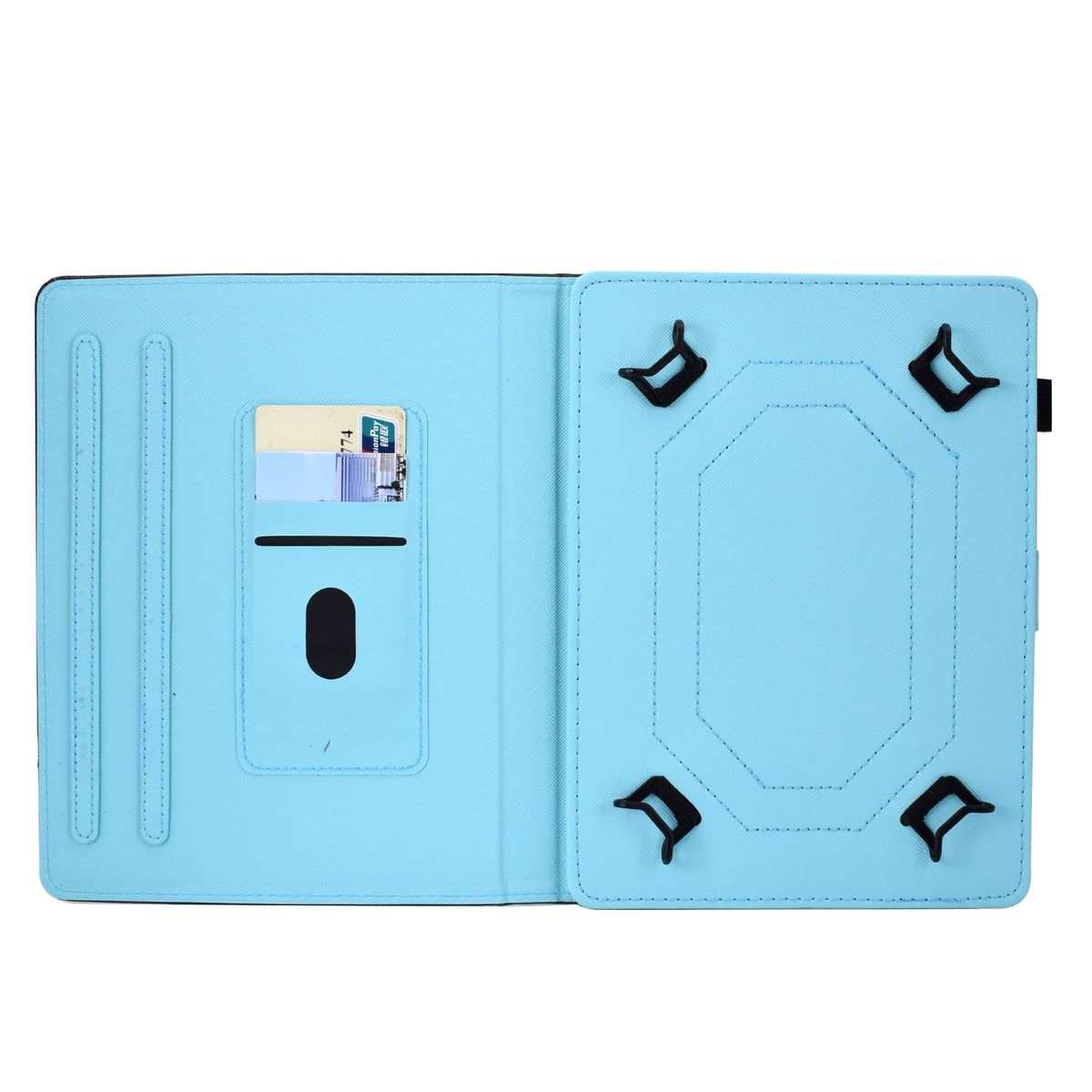 Offene hellblaue Tablettasche mit Kartenfach und schwarzen Eckhaltern.