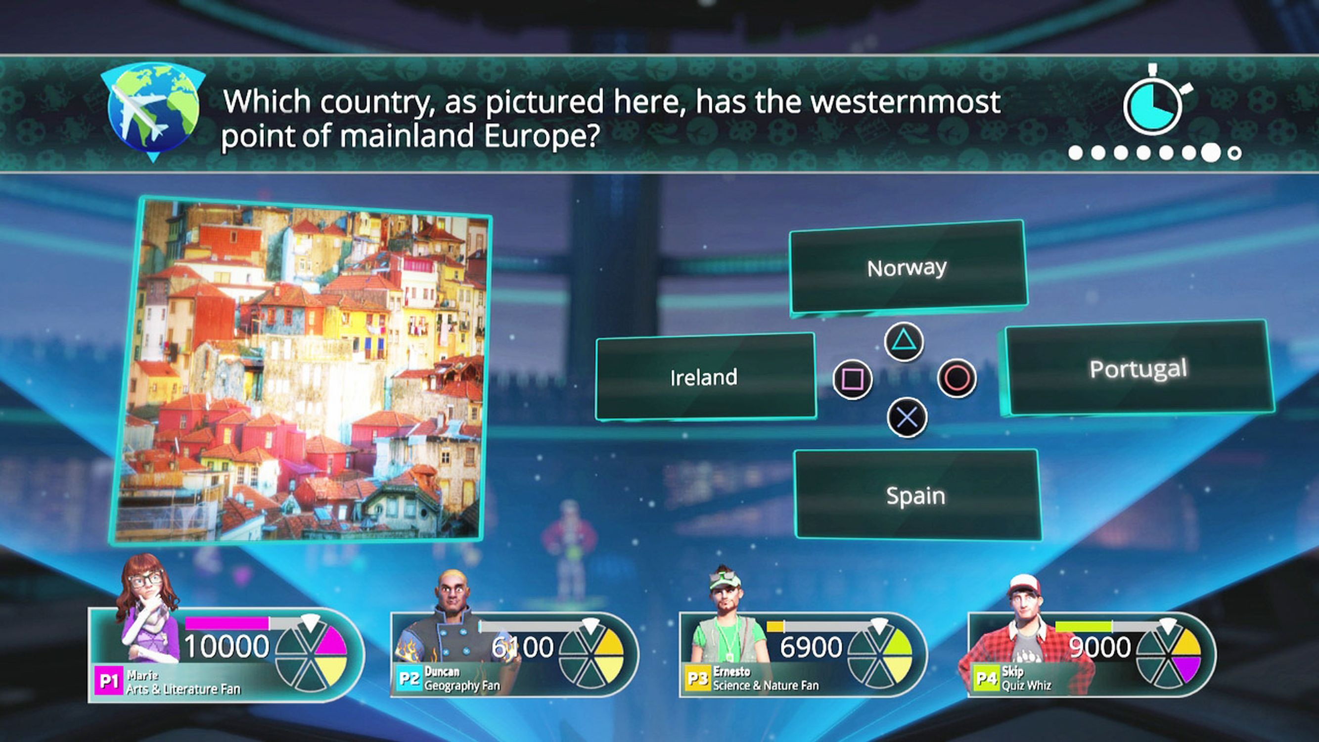 Ein Spielshow-Bildschirm mit einer Frage nach Europas westlichstem Punkt mit Spielknöpfen.