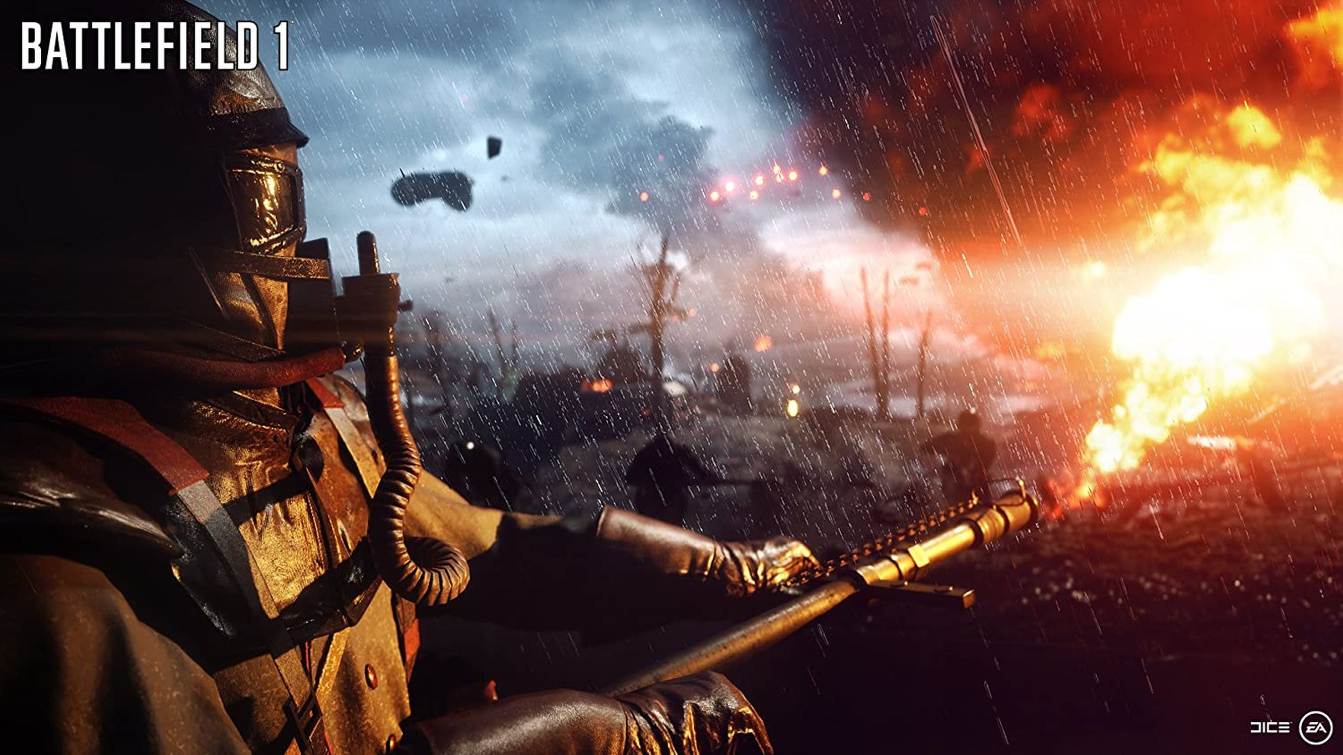 Battlefield 1 Spielszene, die einen Soldaten im Schützengraben mit Feuer und Explosionen zeigt.