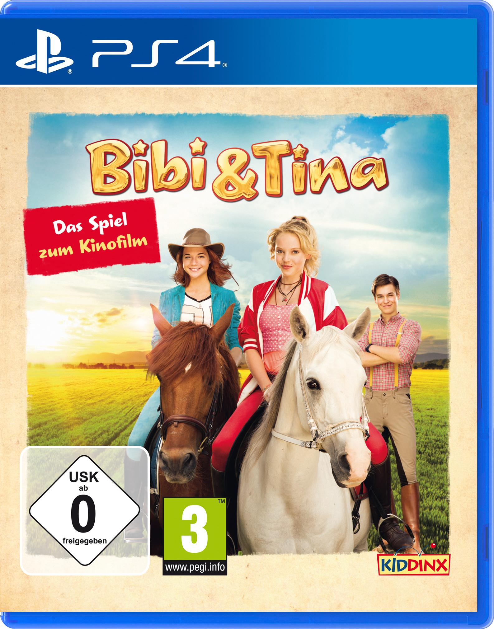 PS4-Spielbox für Bibi & Tina, mit zwei Mädchen auf Pferden und einem Jungen.
