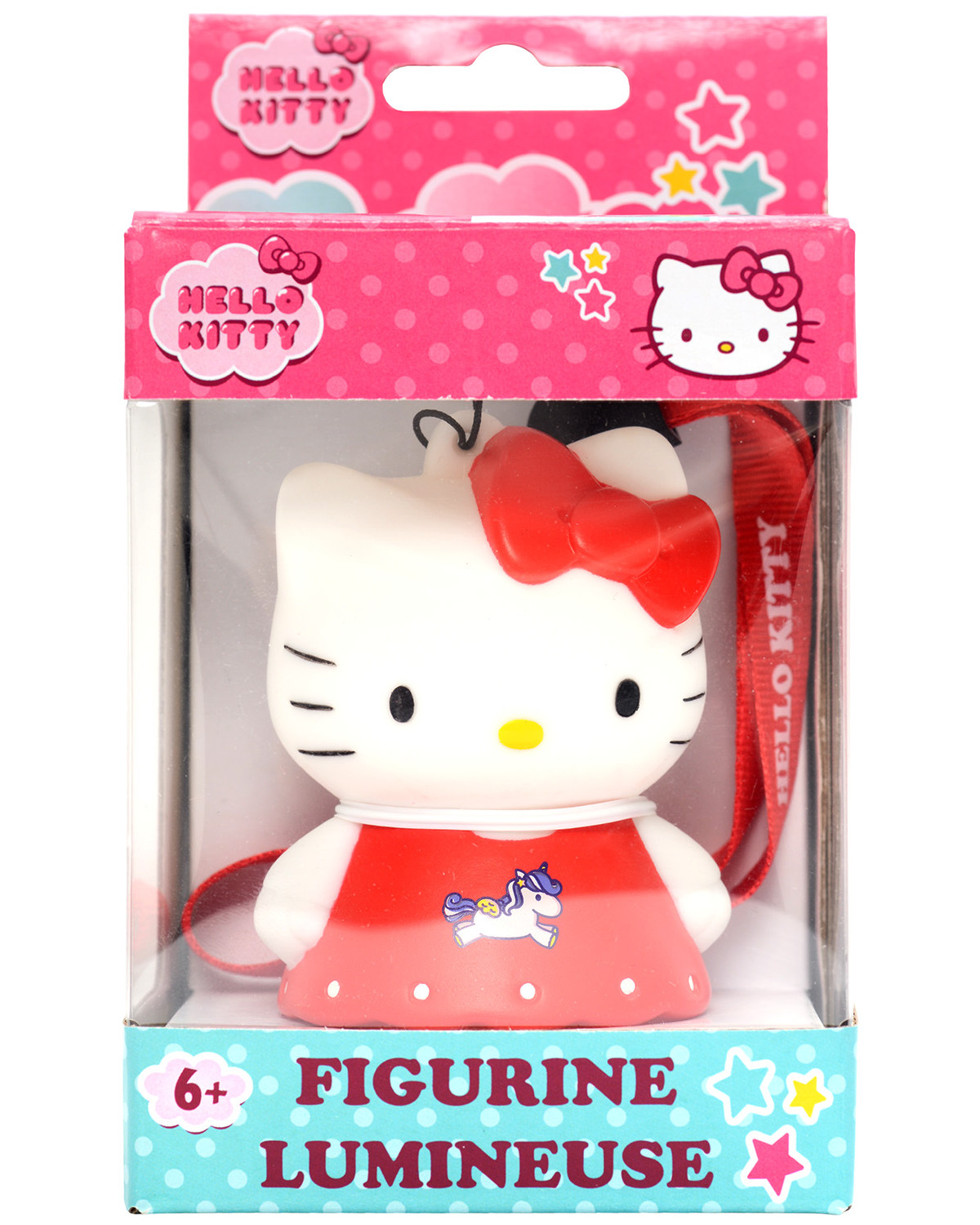 Hello Kitty Figur in einer durchsichtigen Box mit rotem Kleid und Schleife.