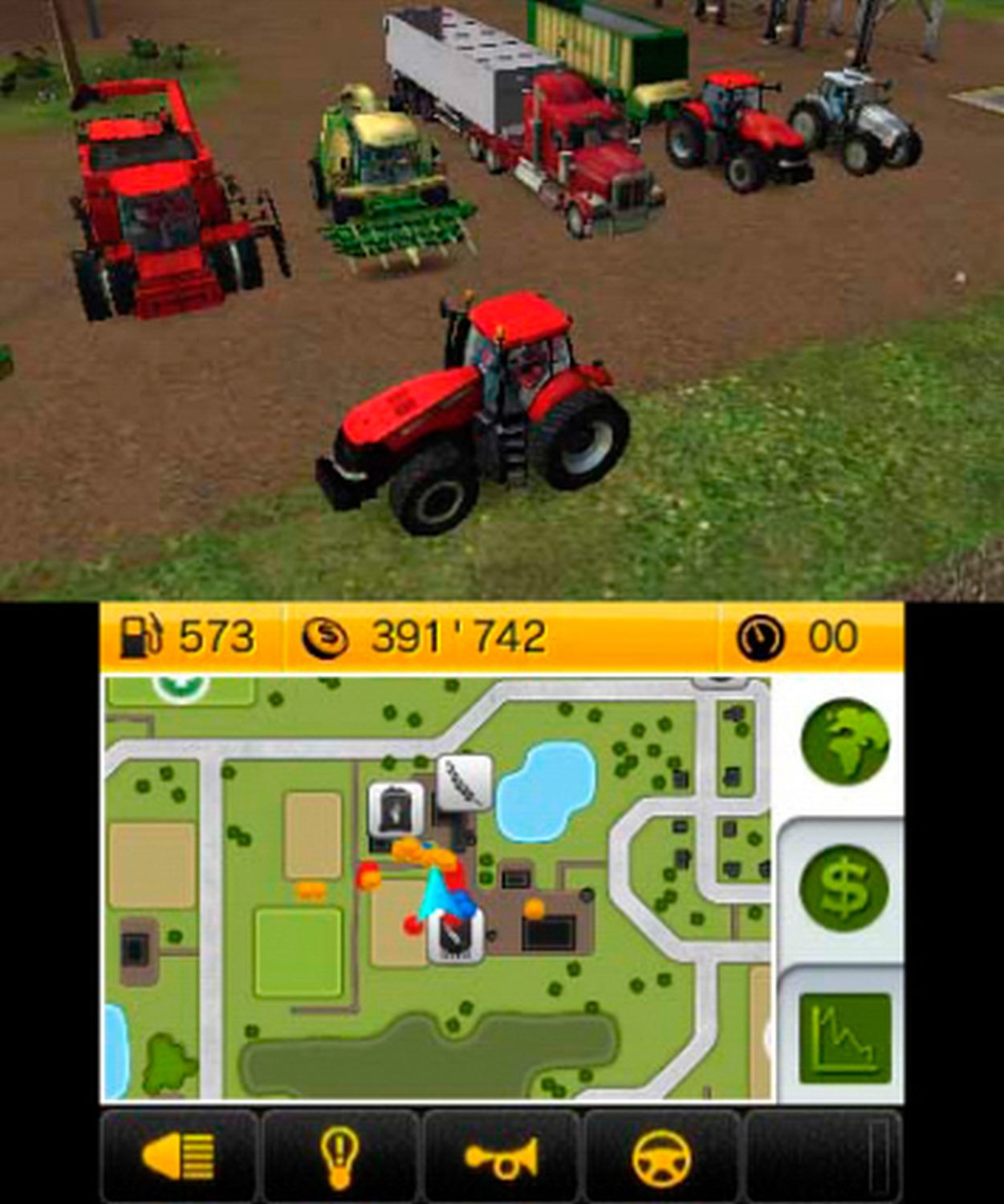 Farm-Game-Bildschirm mit Traktoren und Farmkarte auf einem Handheld-Gerät.
