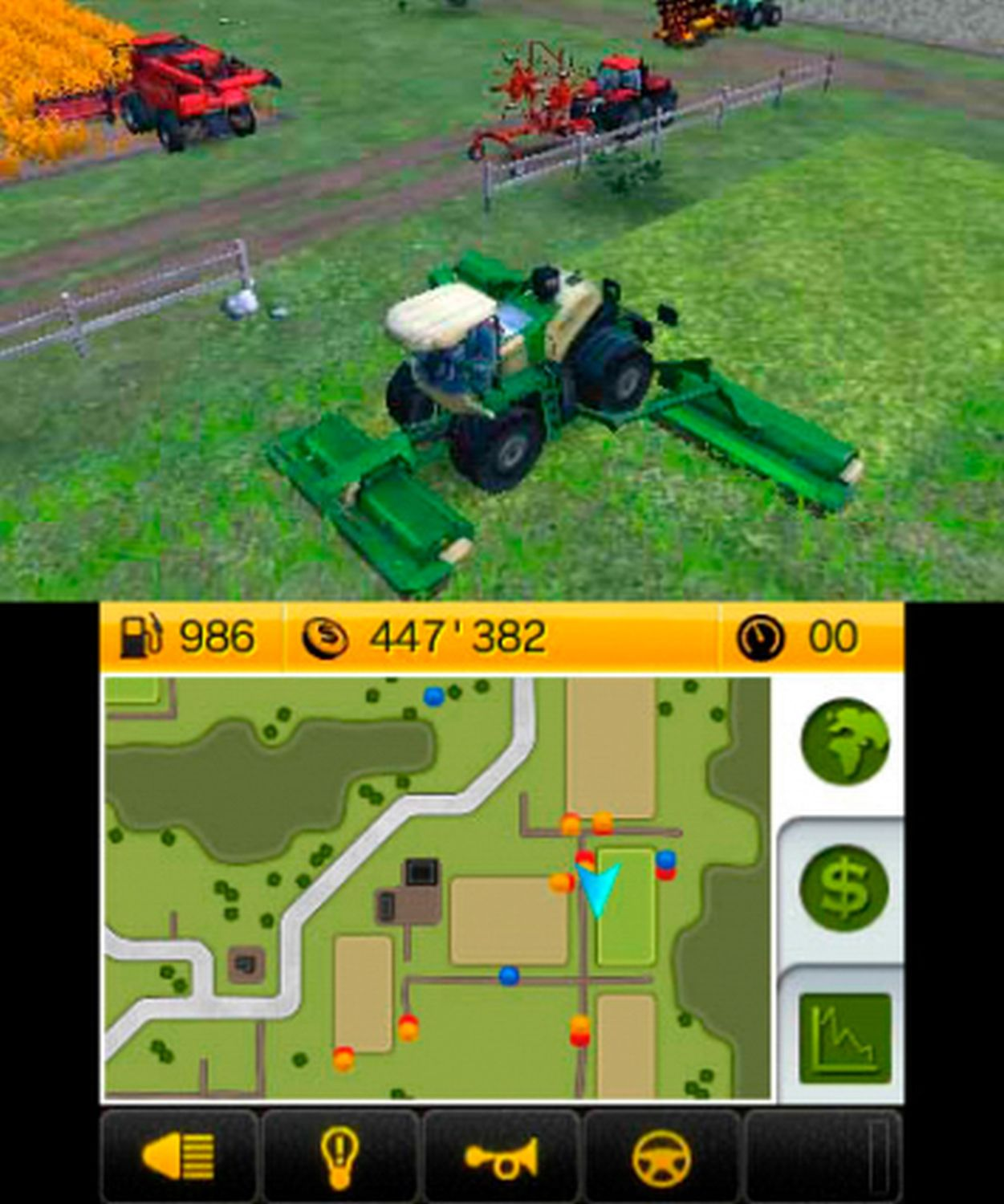 Ein Bildschirm eines Farmspiels. Zeigt Felder, Traktoren und Spielinformationen auf einem Handheld-Gerät.