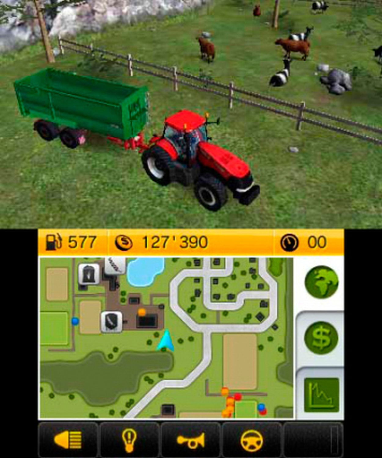 Eine Videospielszene mit einem Traktor, der einen Anhänger zieht, mit Karten- und Punktestand-Overlay.