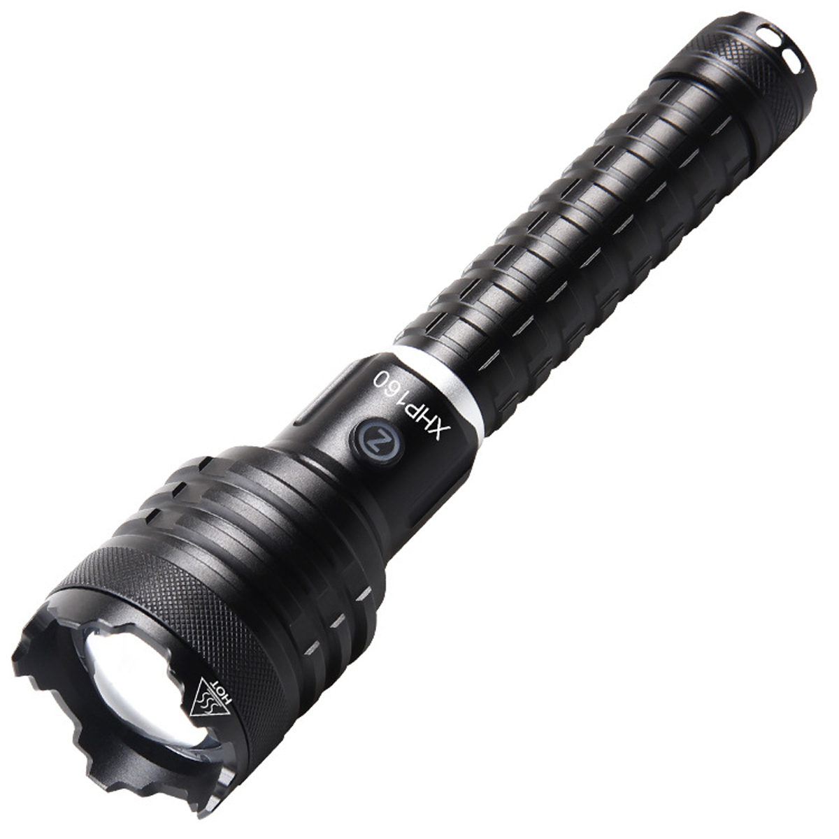 Eine schwarze Taschenlampe mit geriffeltem Gehäuse und strukturiertem Griff wird vor weißem Hintergrund gezeigt.