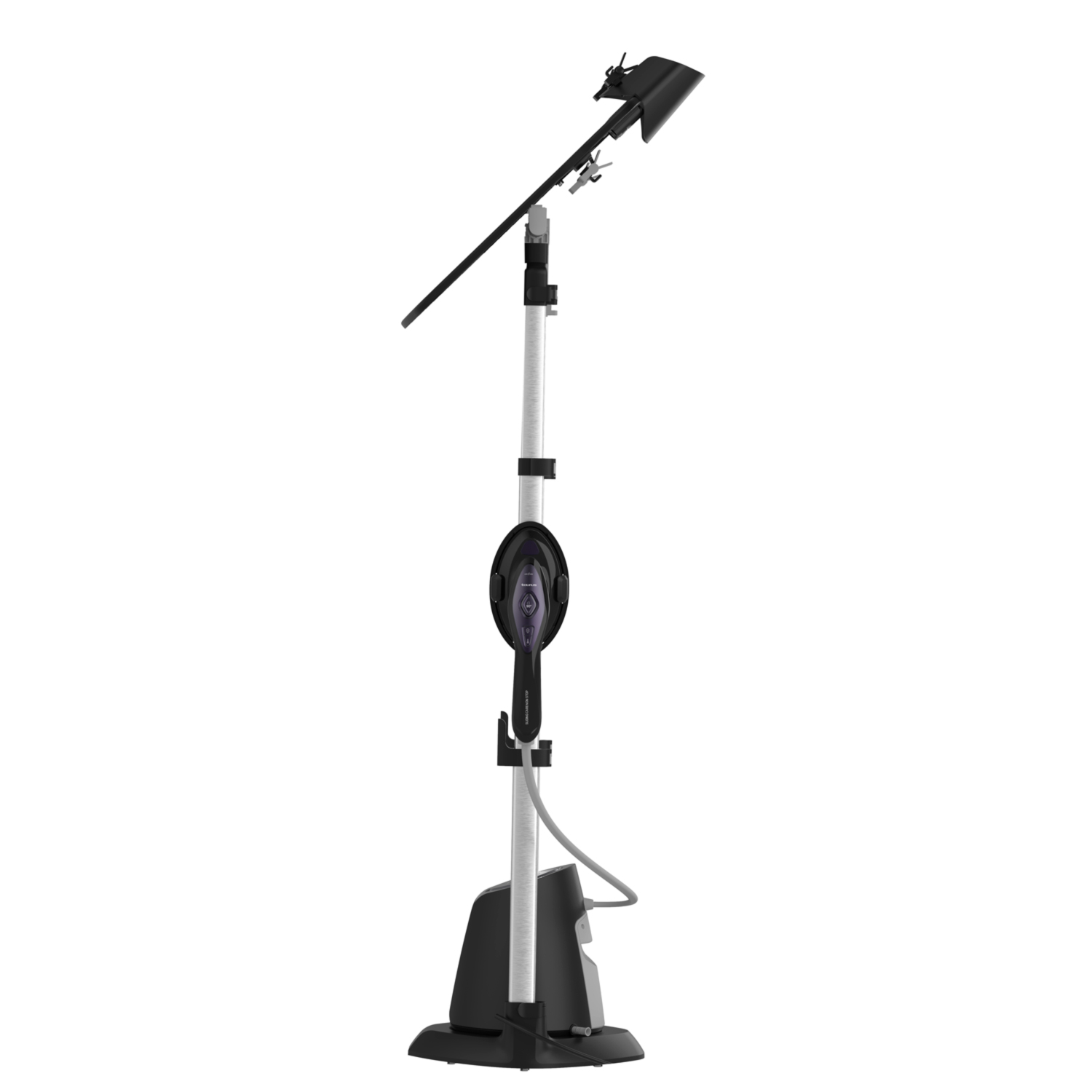 Un vaporizador de ropa negro y plateado sobre un fondo blanco.