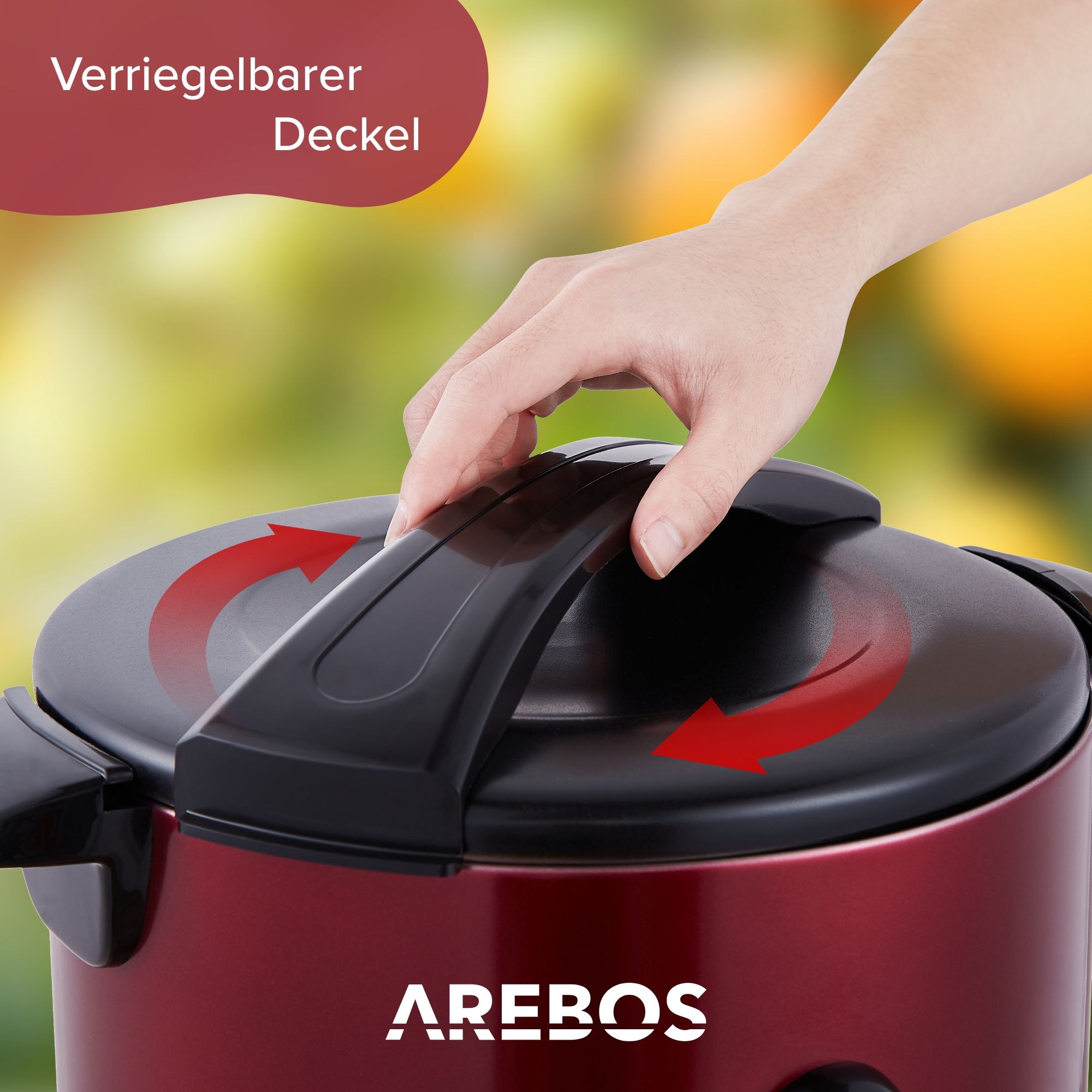 Person öffnet Deckel eines roten Geräts mit AREBOS Logo.