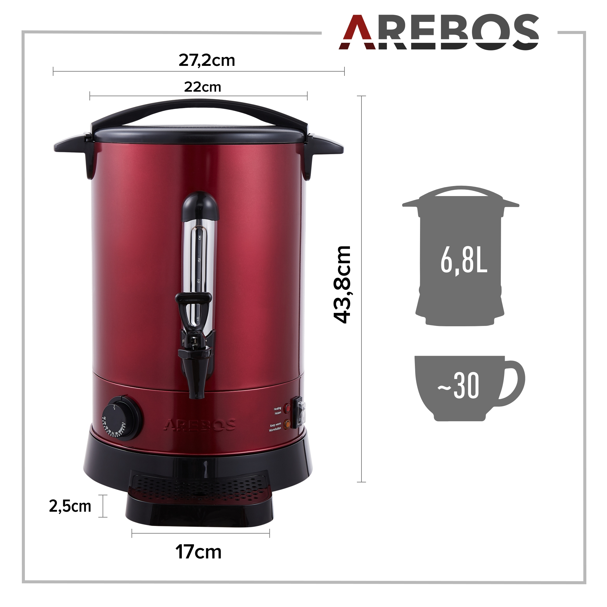 Roter Kaffeebereiter mit Abmessungen. Weißer Hintergrund.