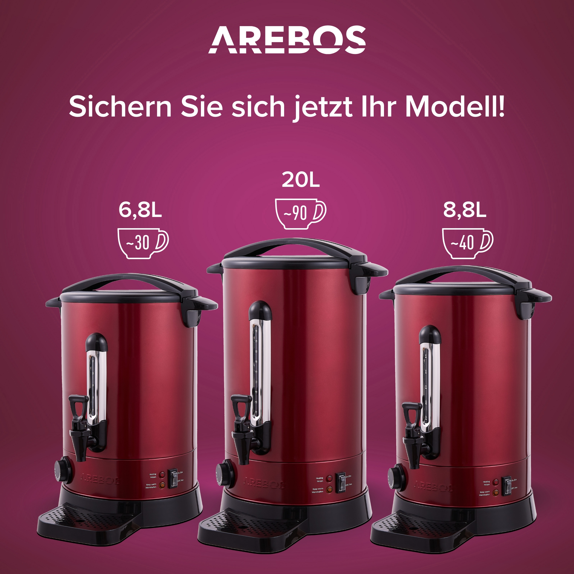 Drei rote Wasserkocher mit schwarzen Griffen und Wasserhähnen auf rotem Hintergrund.