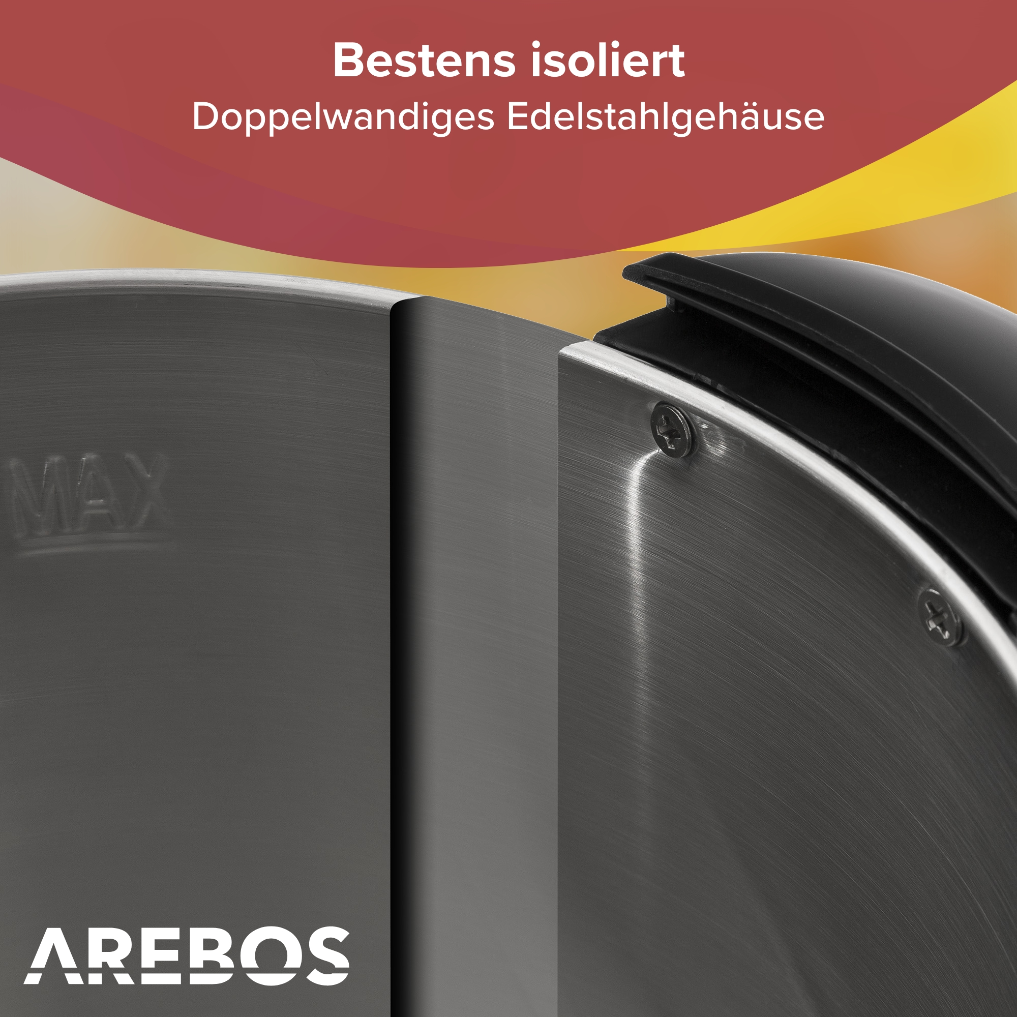 Nahaufnahme eines metallischen Geräts. Das Bild zeigt zwei Metalloberflächen und Text, der AREBOS und MAX lautet.