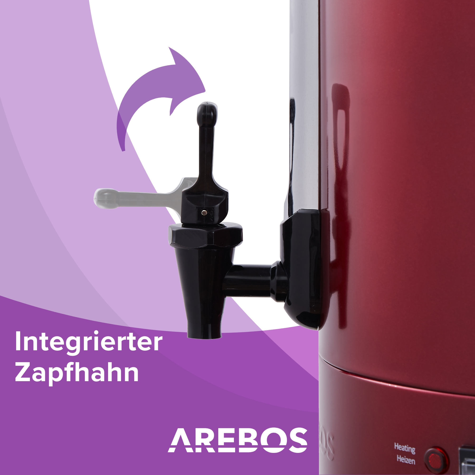 Ein roter Getränkespender mit schwarzem Wasserhahn und weißen und lila Grafiken.