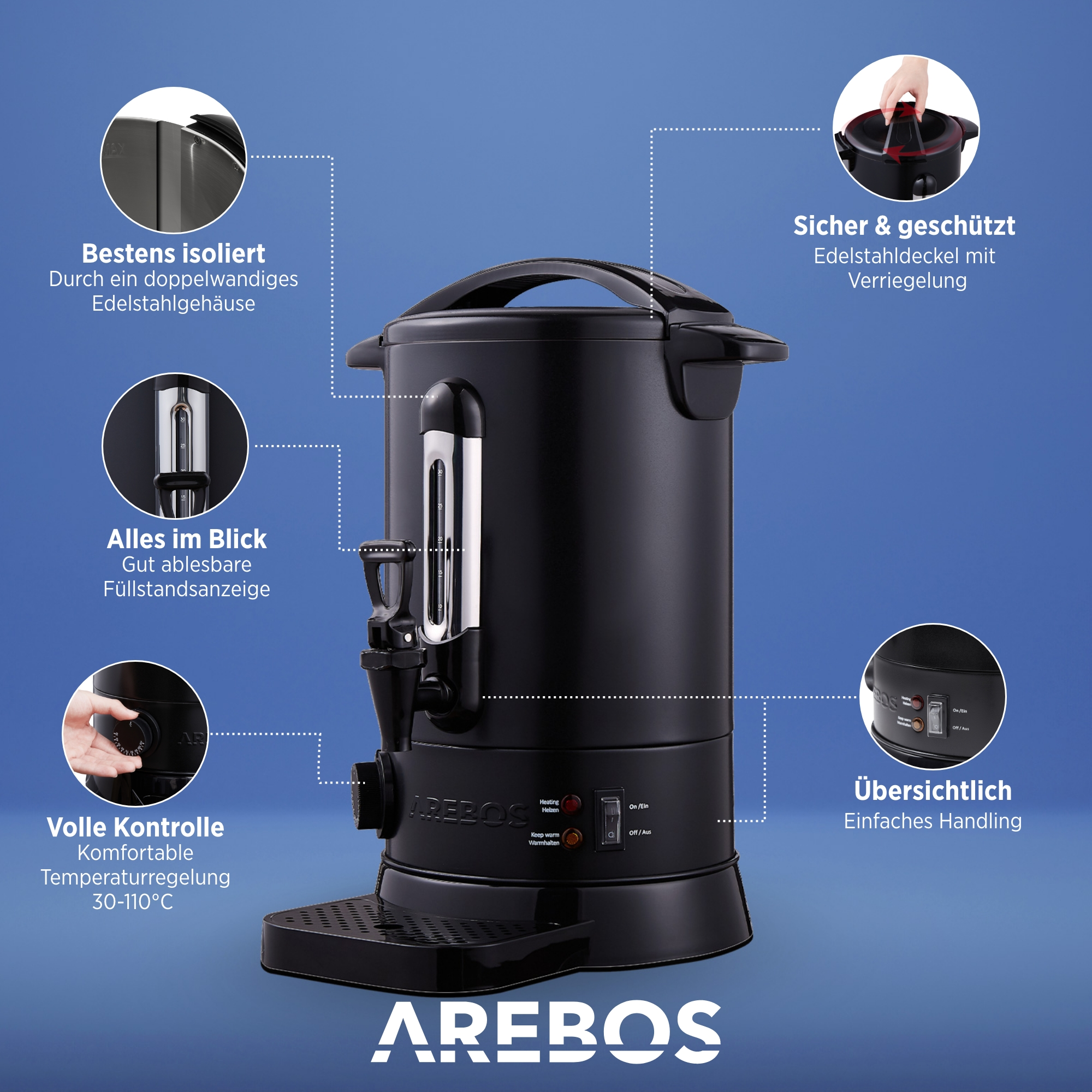 Ein schwarzer Kaffeezubereiter mit mehreren beschrifteten Diagrammen.