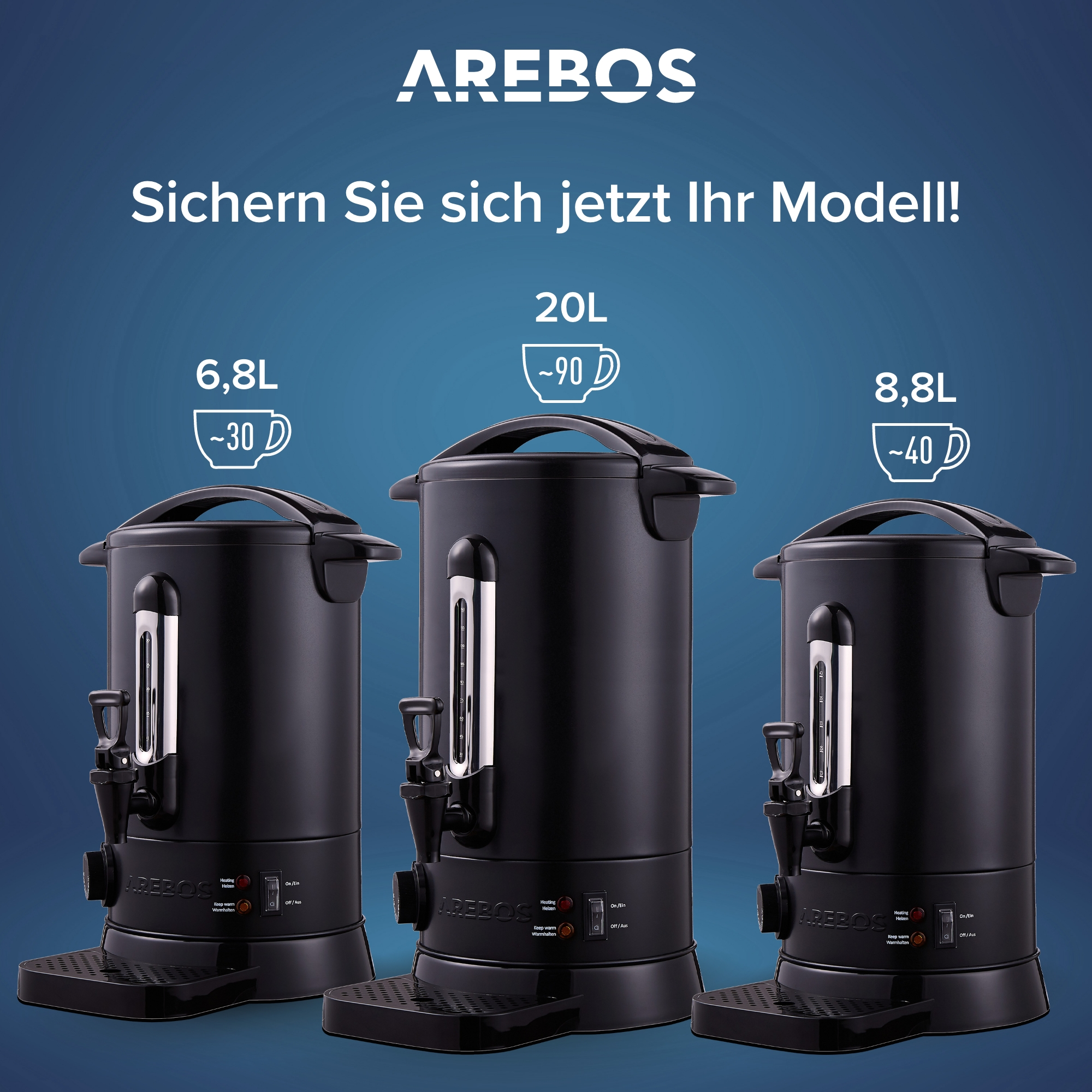 Drei schwarze Wasserkocher mit Text. Der Text zeigt das Fassungsvermögen und die Temperatur der Modelle.
