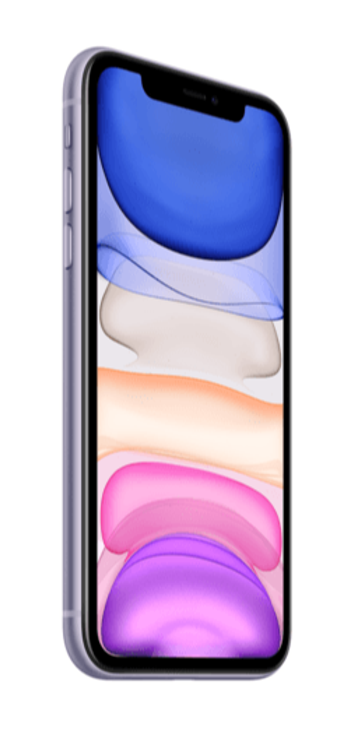 Fioletowy iPhone, pod kątem, pokazujący kolorowy ekran.