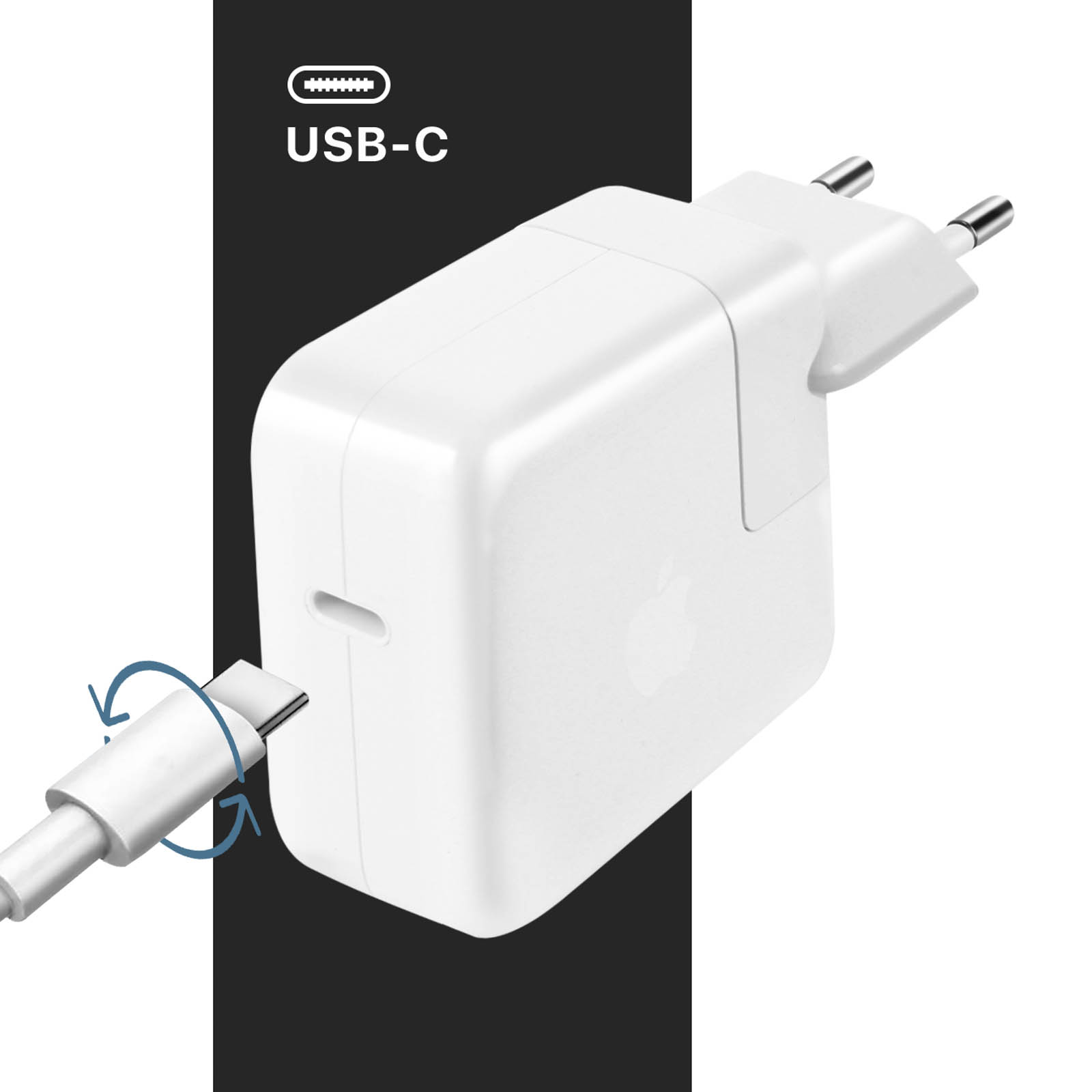 Biała ładowarka z wtyczką USB-C i kablem ze strzałkami.